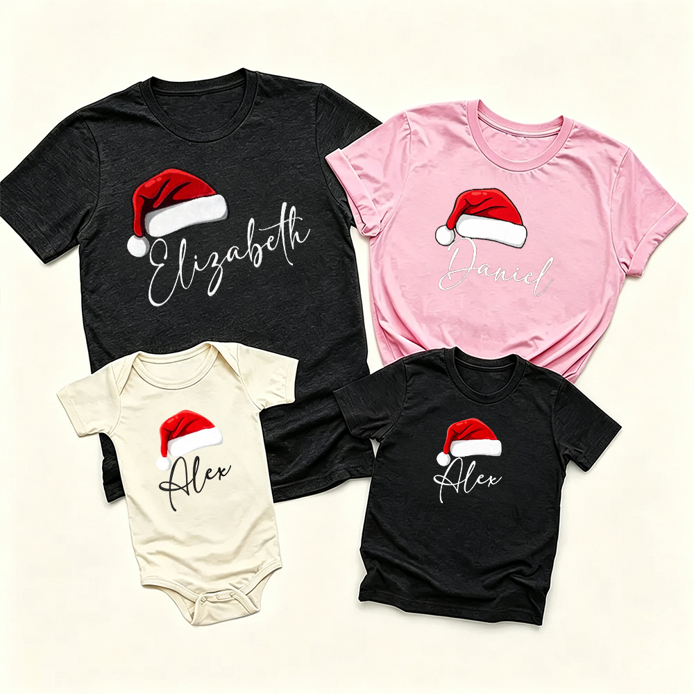 Santa Hat Custom Name Family Matching T-shirt Outfits