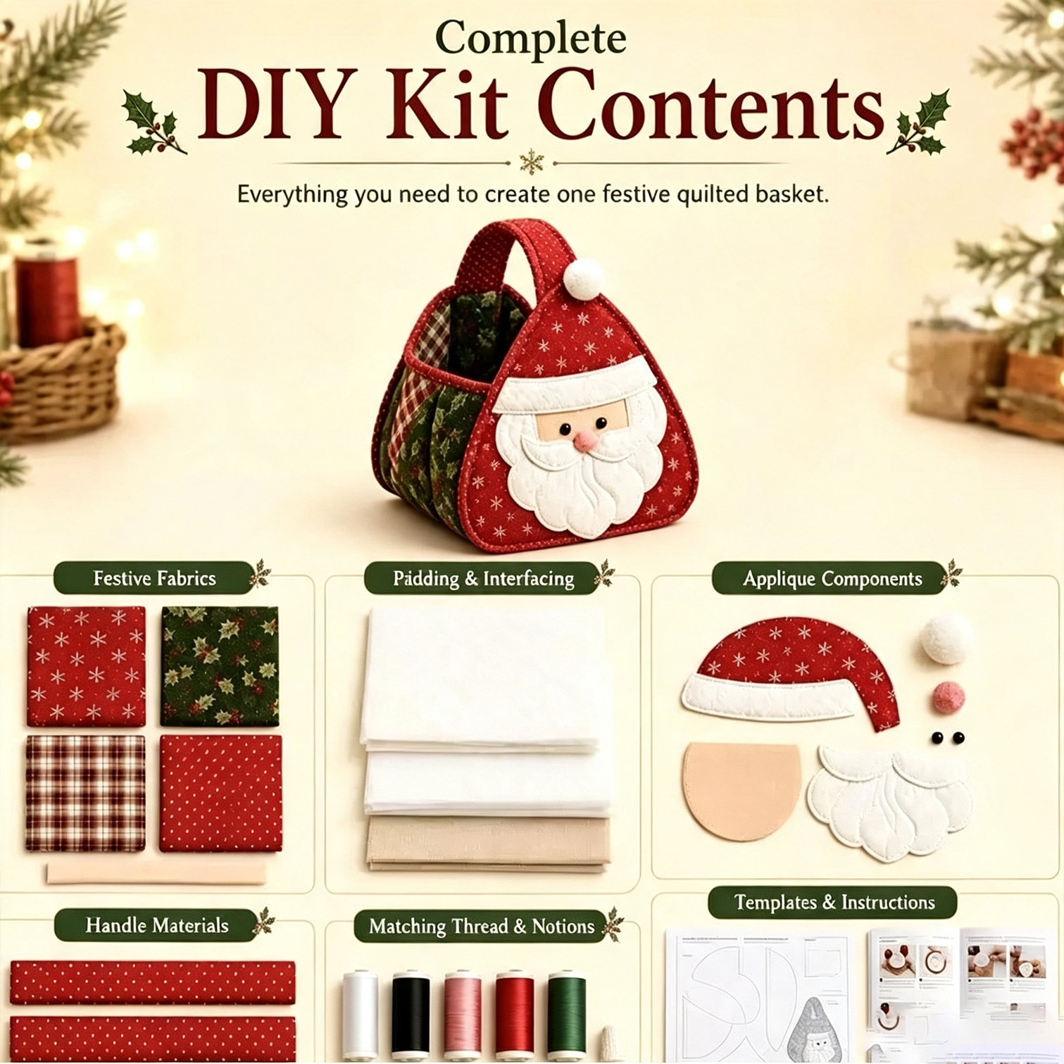 Santa Fabric Basket DIY Sewing Kit | Christmas Santa Handmade Storage Basket Craft Kit