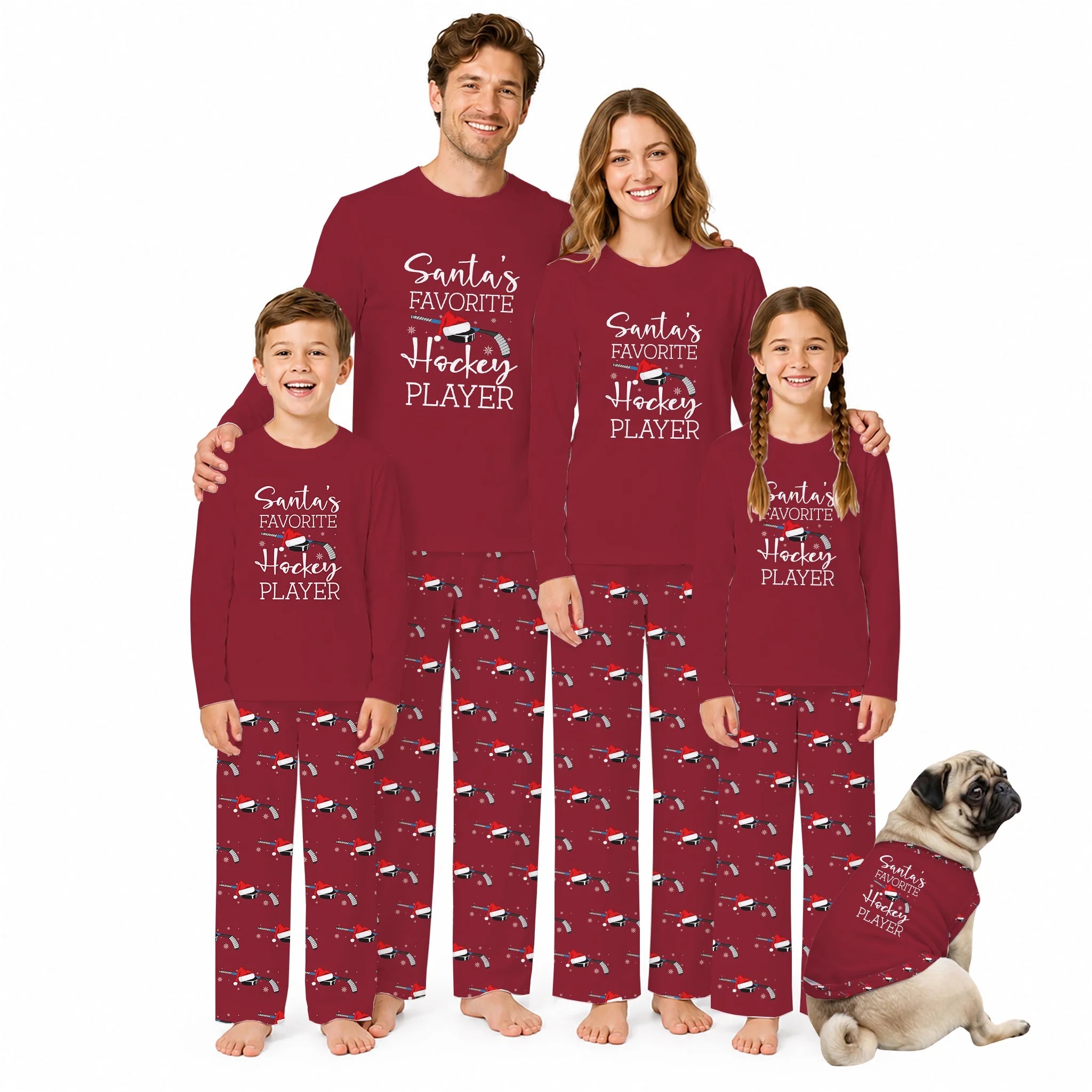 Santa's Favorite Hockey Player Christmas Matching Family Pajamas Set
