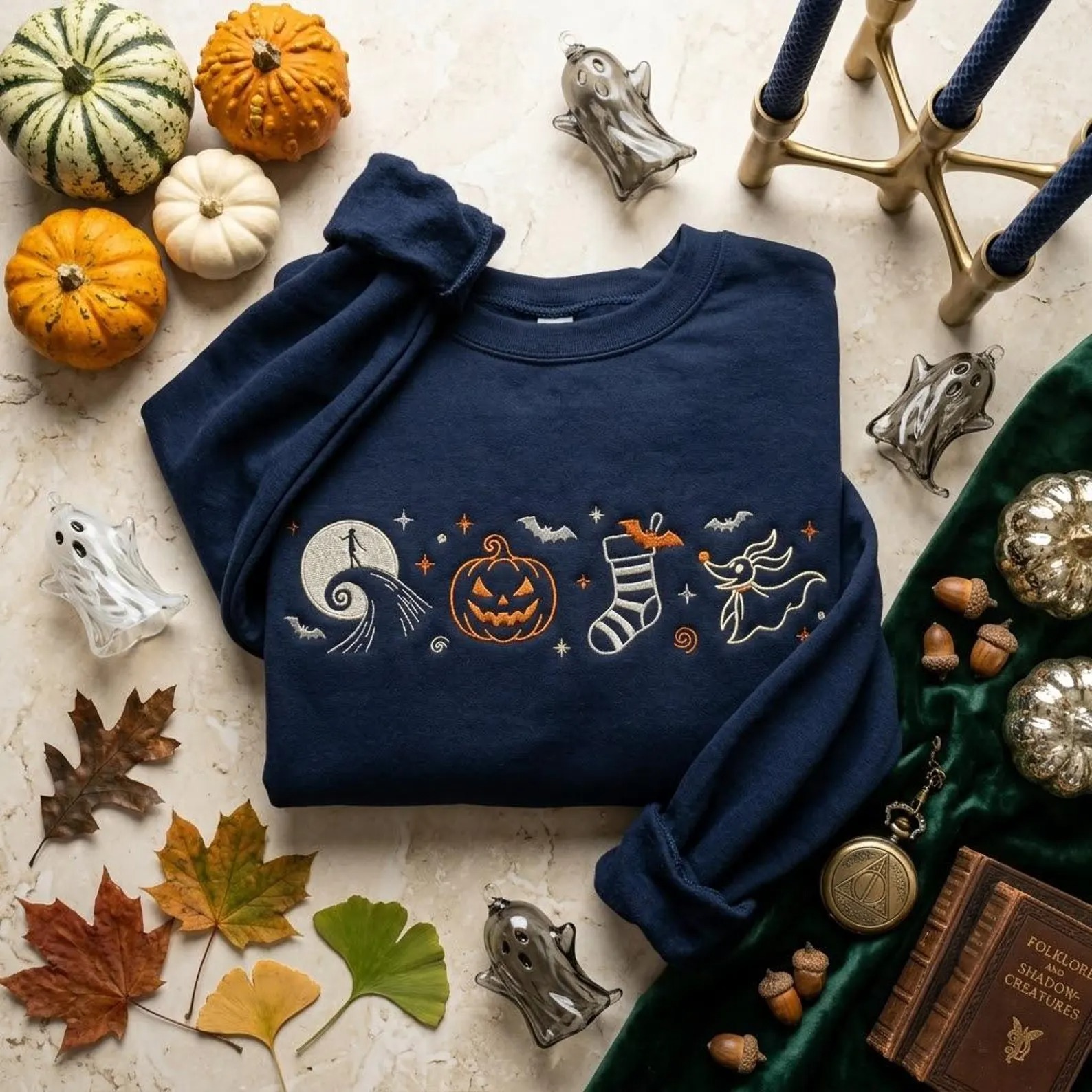 Spooky Season Embroidered Sweatshirt, Minimal Halloween Icon Crewneck with Ghost Pumpkin Moon, Cozy Fall Gift