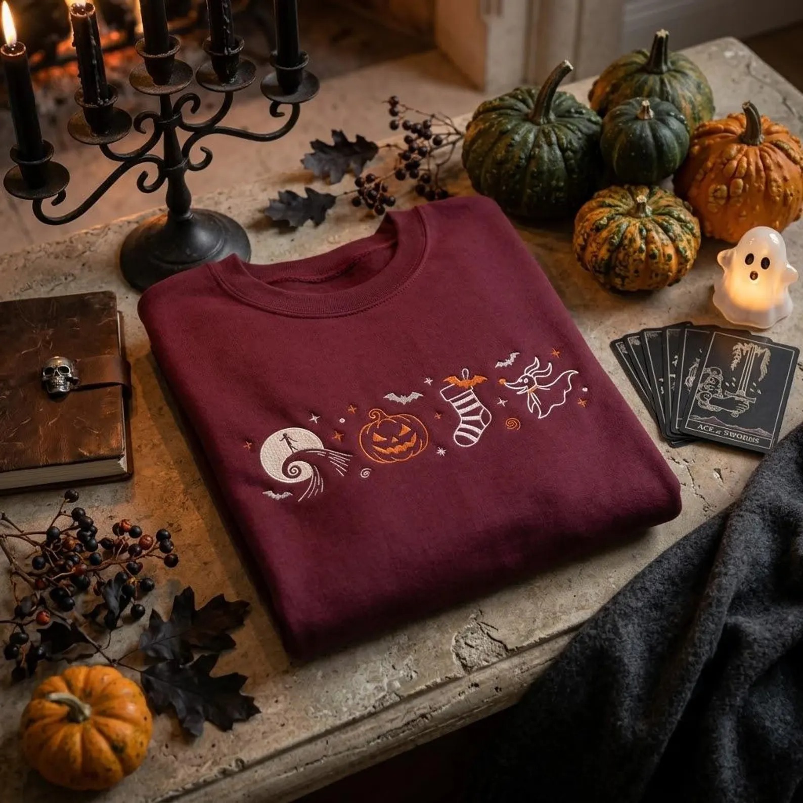 Spooky Season Embroidered Sweatshirt, Minimal Halloween Icon Crewneck with Ghost Pumpkin Moon, Cozy Fall Gift