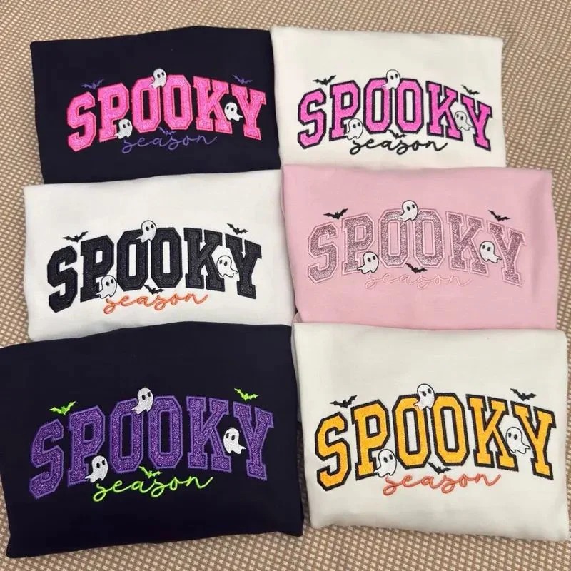 Spooky season glitter small ghosts with cursive letters glitter appliqué embroidered sweatshirt
