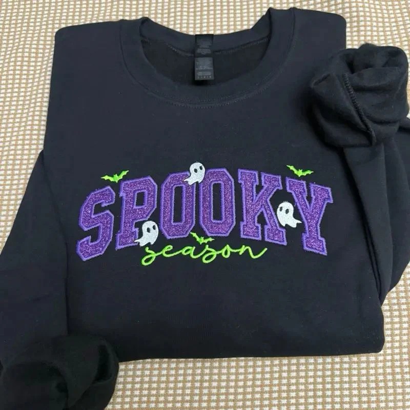 Spooky season glitter small ghosts with cursive letters glitter appliqué embroidered sweatshirt