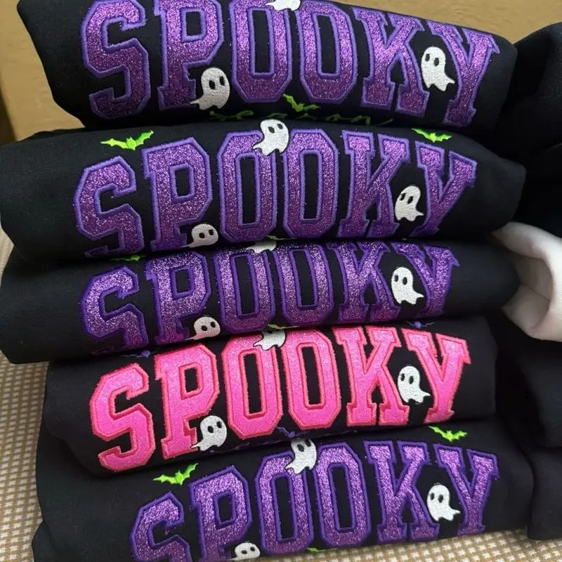 Spooky season glitter small ghosts with cursive letters glitter appliqué embroidered sweatshirt