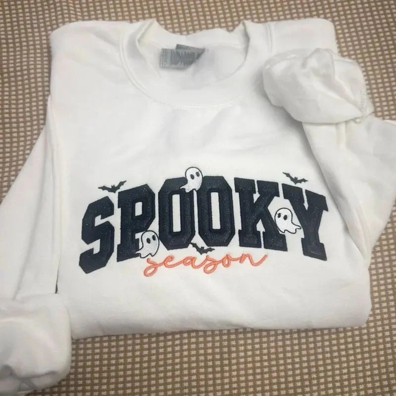 Spooky season glitter small ghosts with cursive letters glitter appliqué embroidered sweatshirt
