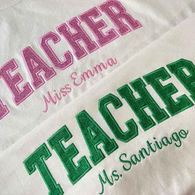 Custom Teacher Glitter Embroidered T‑Shirt, Personalized Name Tee