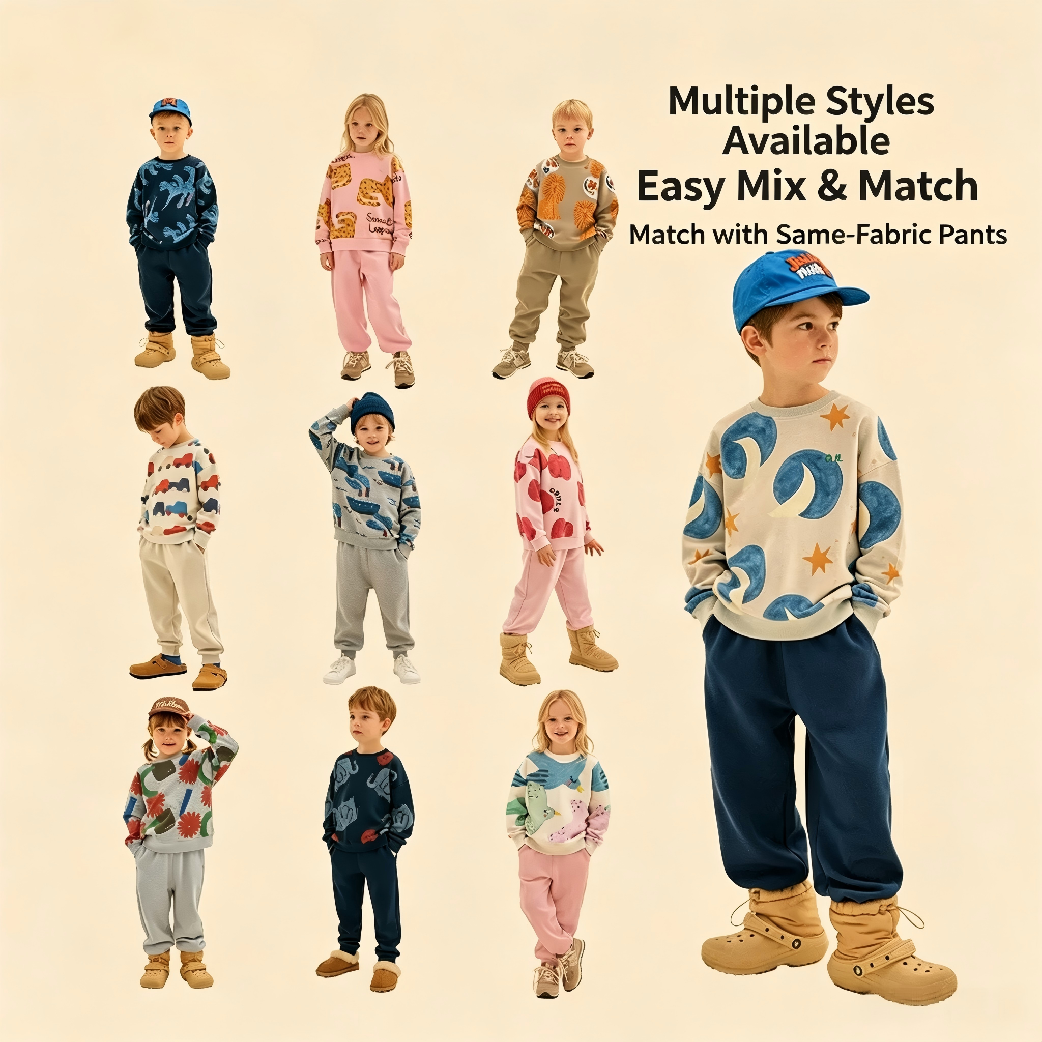 Unisex Kids Fall Winter Playful Print Sweatshirt ，Unisex Kids Fall Winter Outfit Set, Printed Sweatshirt & Jogger Pants