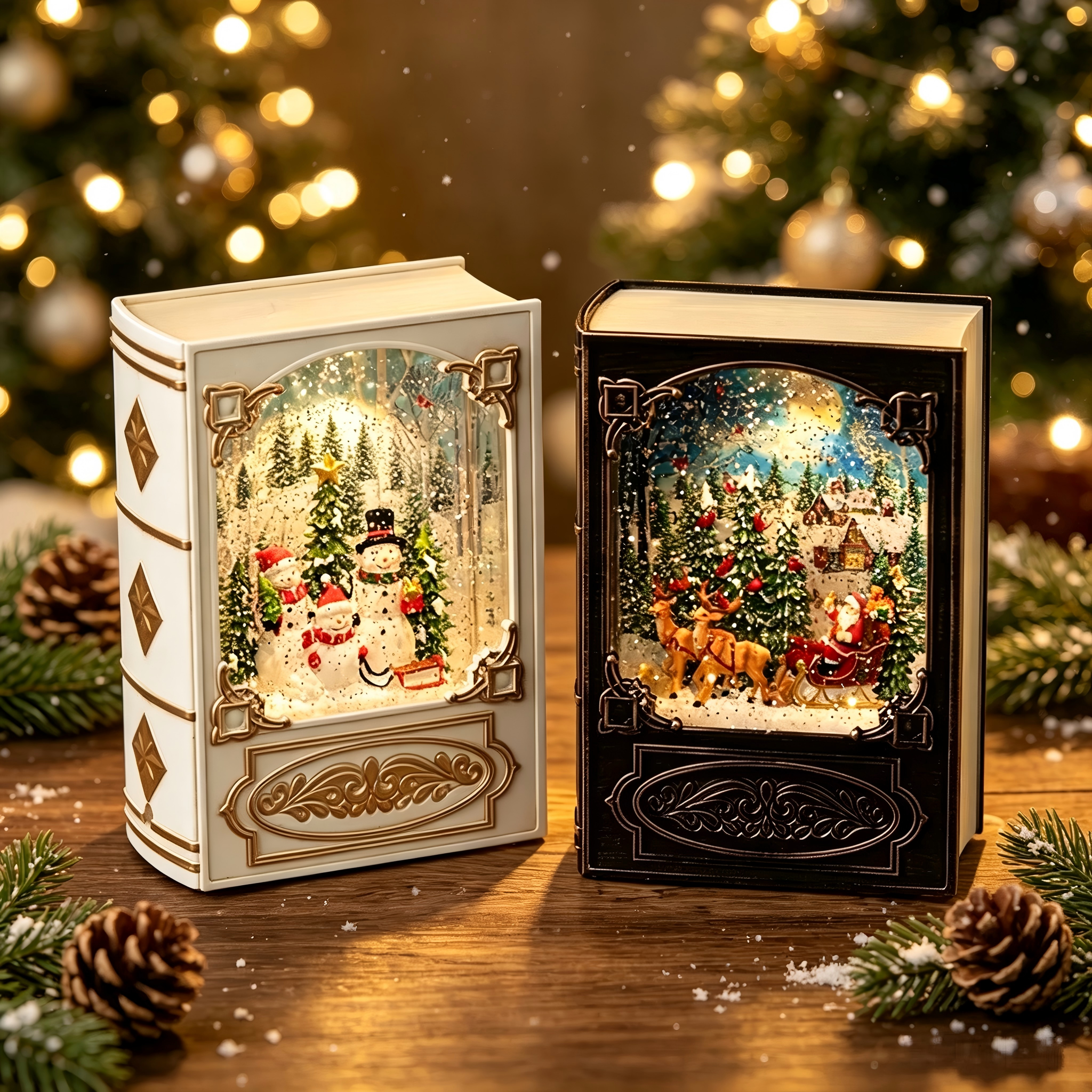 Vintage Book‑Shaped Christmas Snow Globe Music Box, Lighted Swirling Glitter Snow Holiday Tabletop Decor Gift