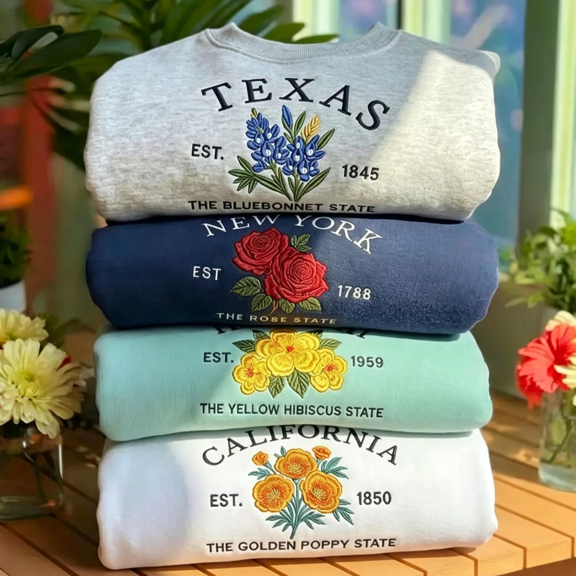 Custom State Flower Embroidered Sweatshirt
