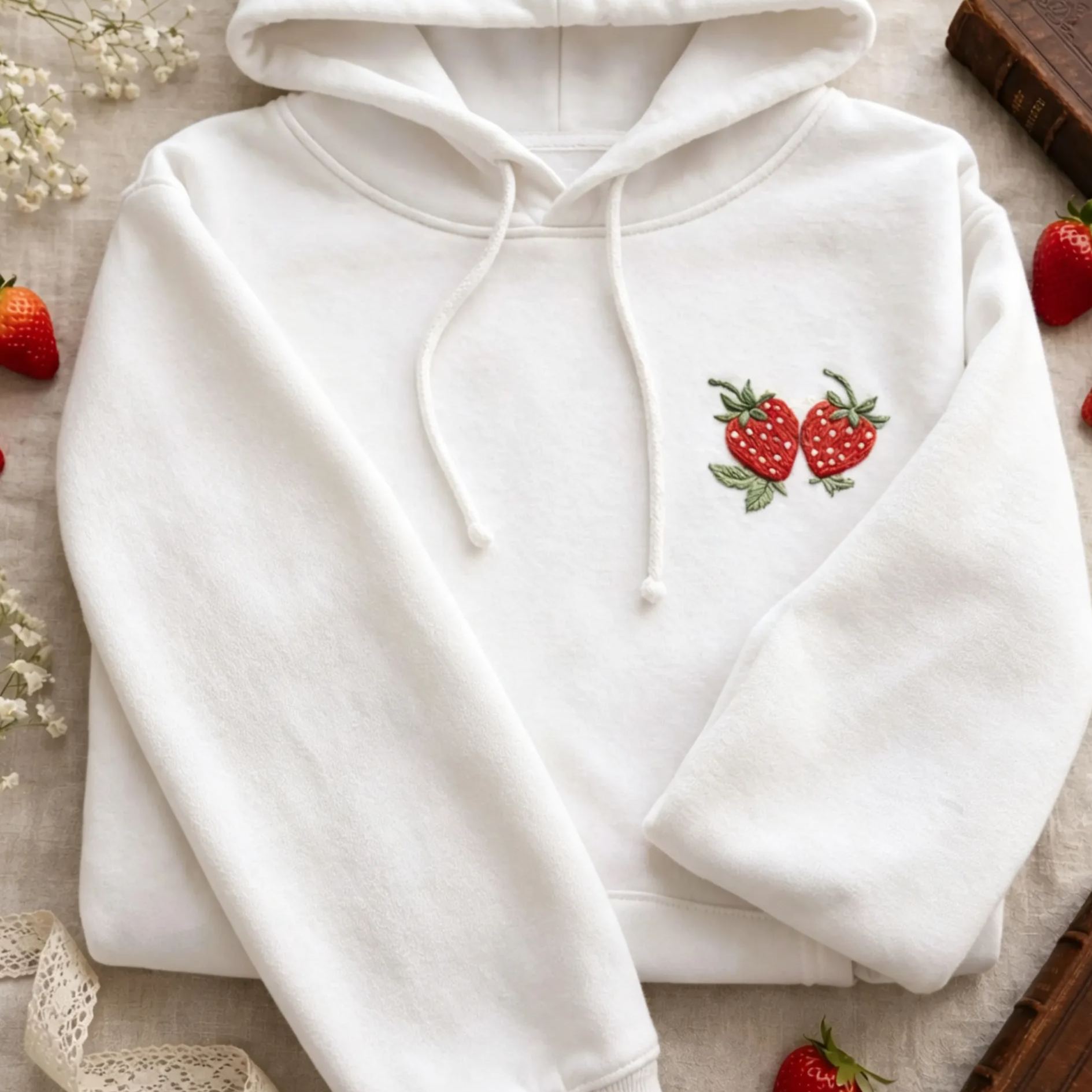 Strawberry Floral Embroidered Hoodie