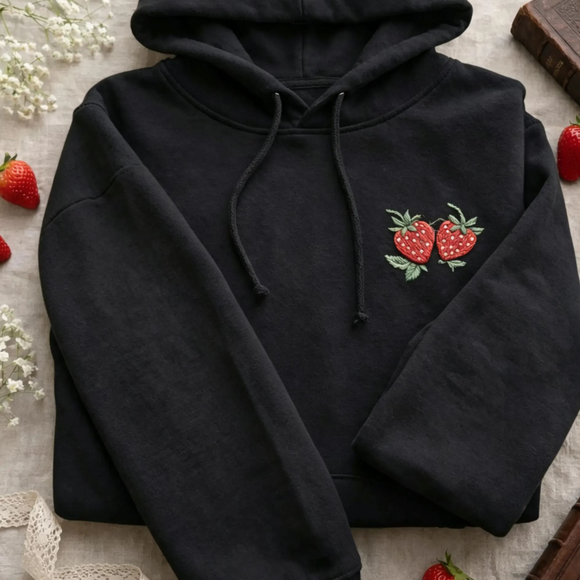 Strawberry Floral Embroidered Hoodie