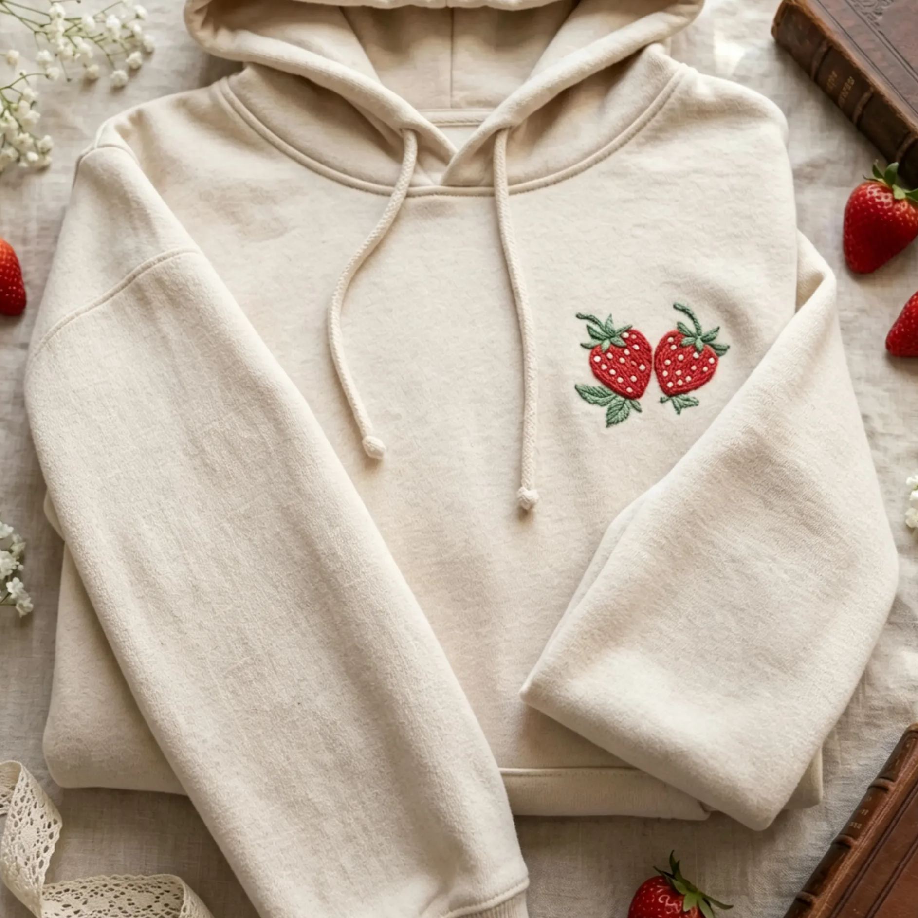 Strawberry Floral Embroidered Hoodie