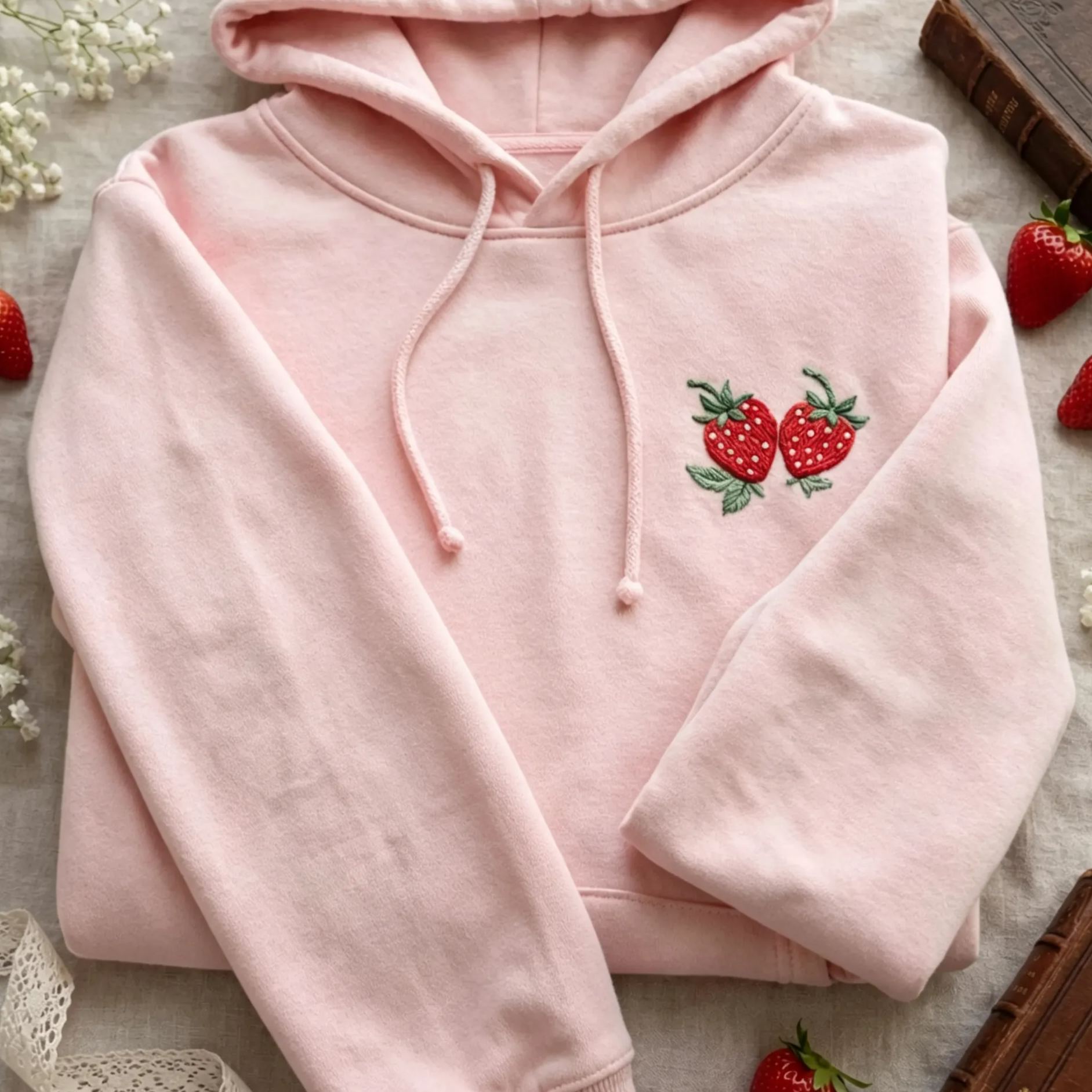 Strawberry Floral Embroidered Hoodie