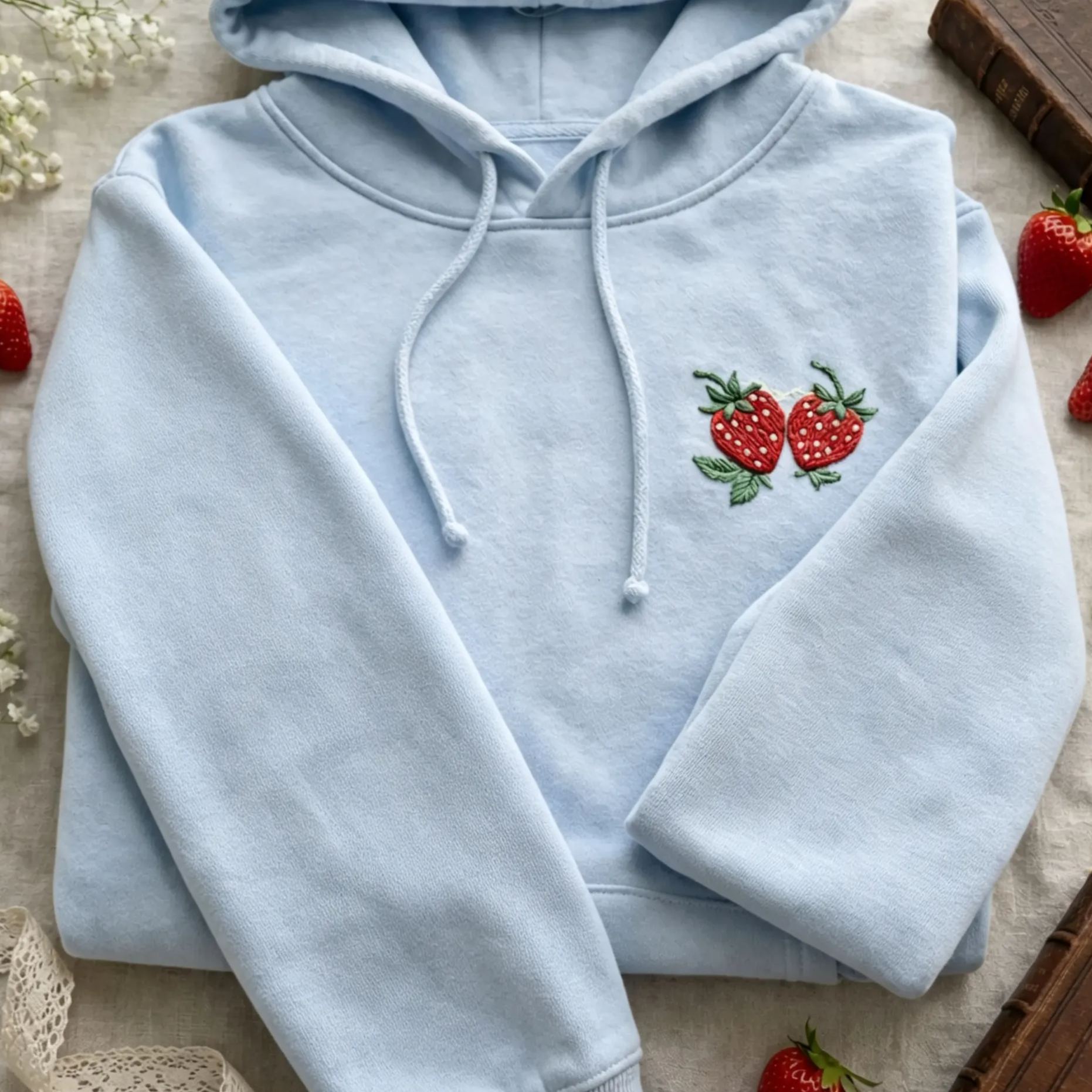 Strawberry Floral Embroidered Hoodie