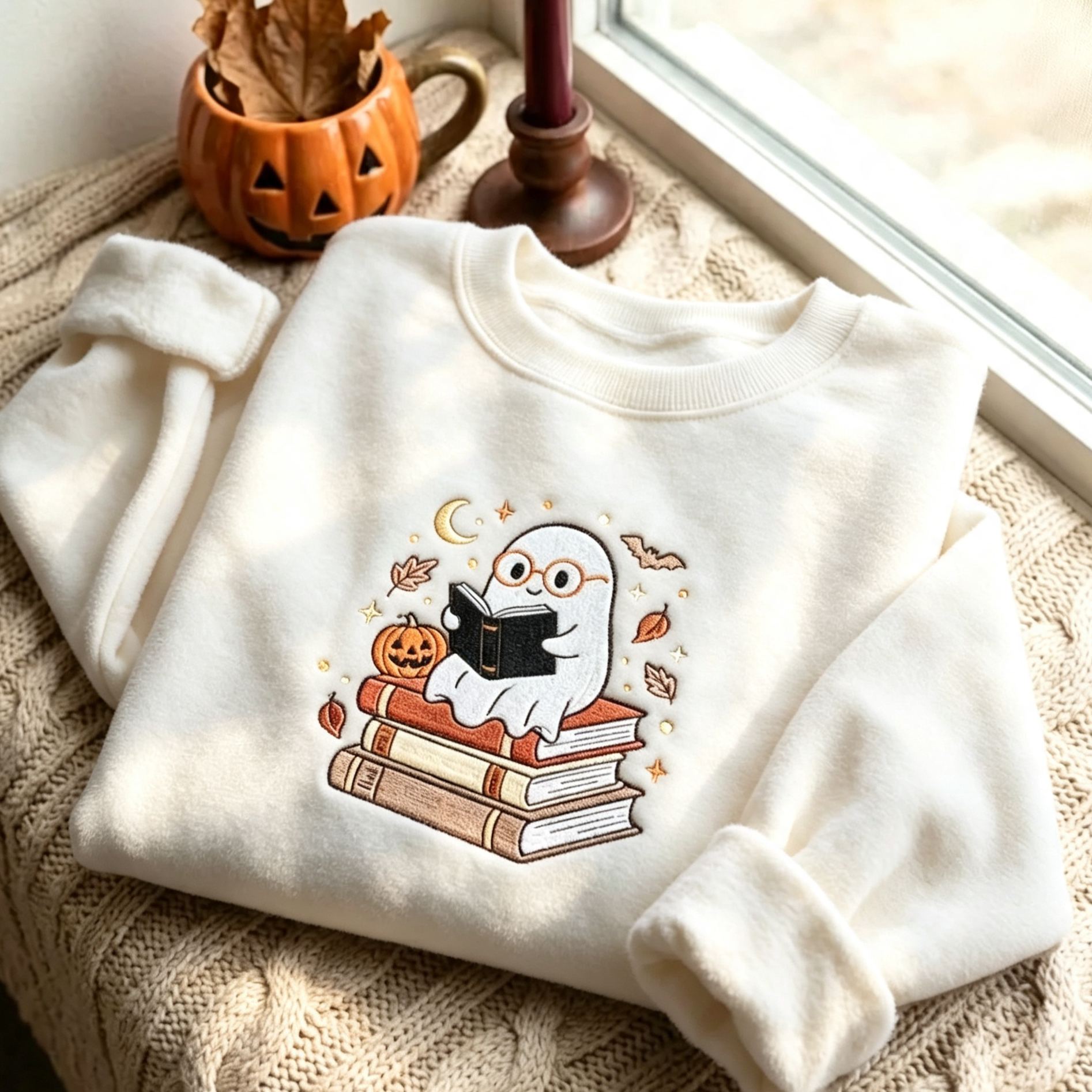 Embroidered Ghost Reading Books Sweatshirt