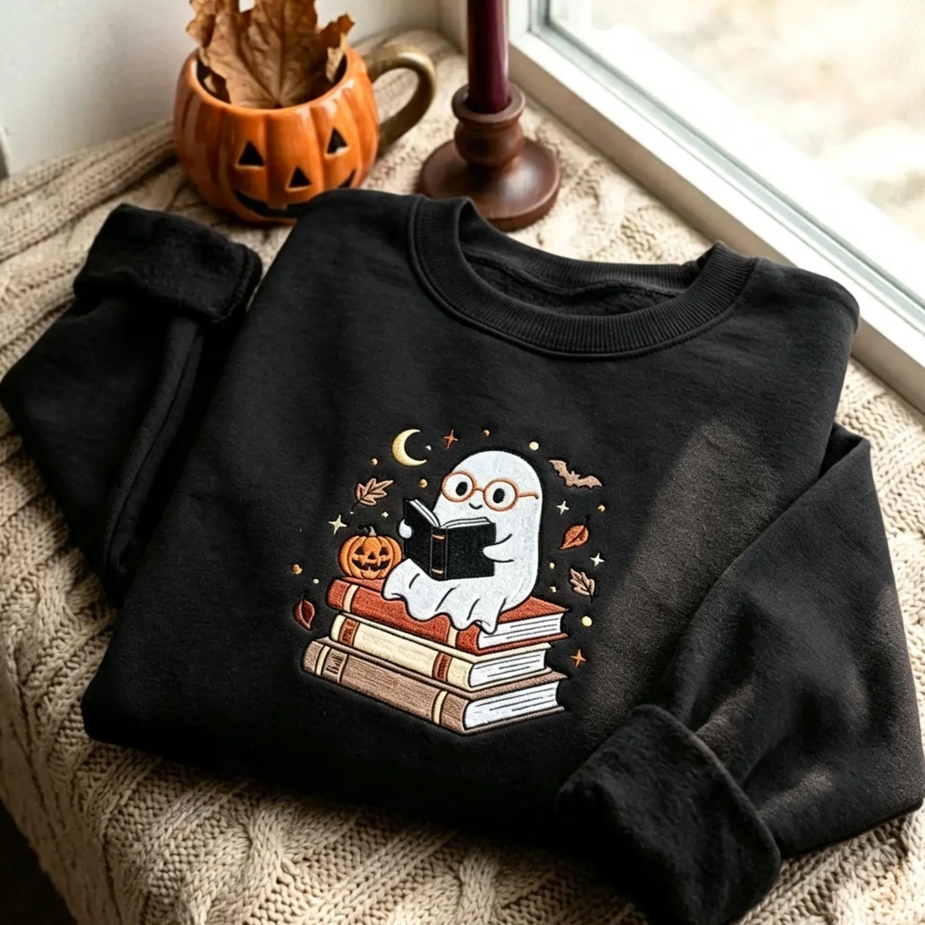 Embroidered Ghost Reading Books Sweatshirt