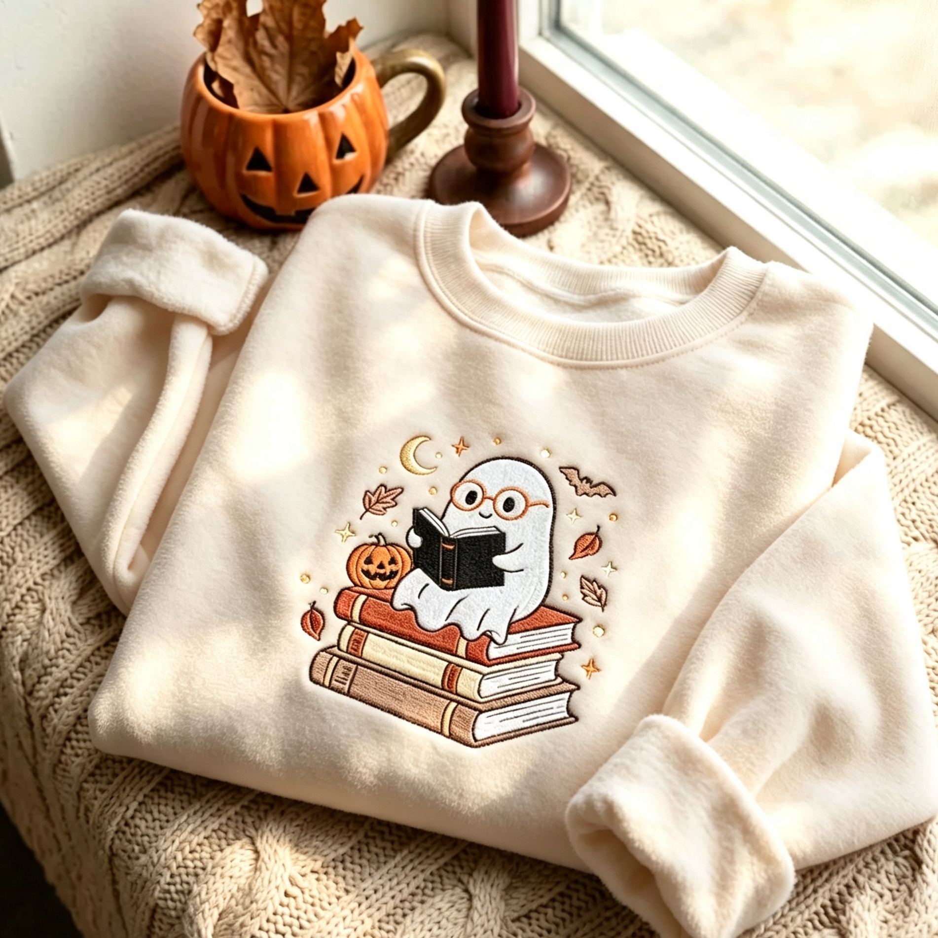 Embroidered Ghost Reading Books Sweatshirt