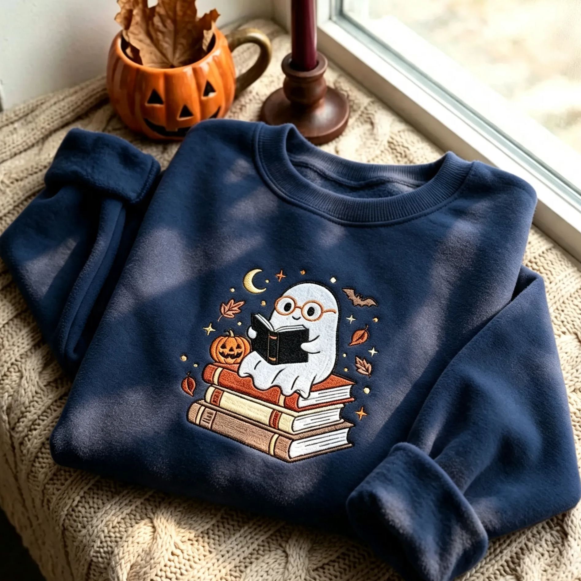 Embroidered Ghost Reading Books Sweatshirt