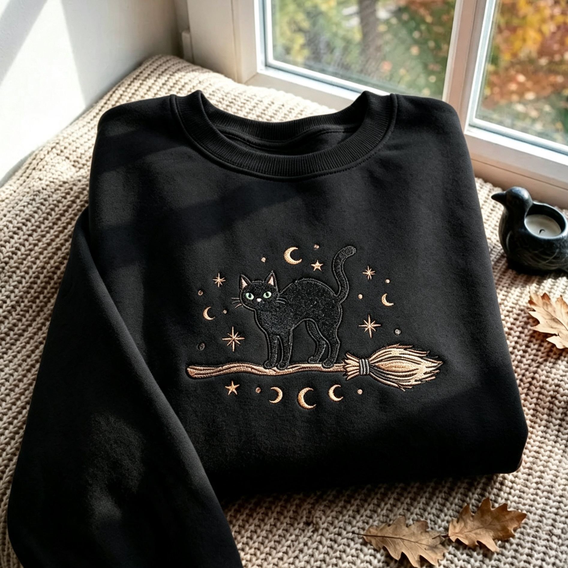 Embroidered Black Cat Broomstick Sweatshirt