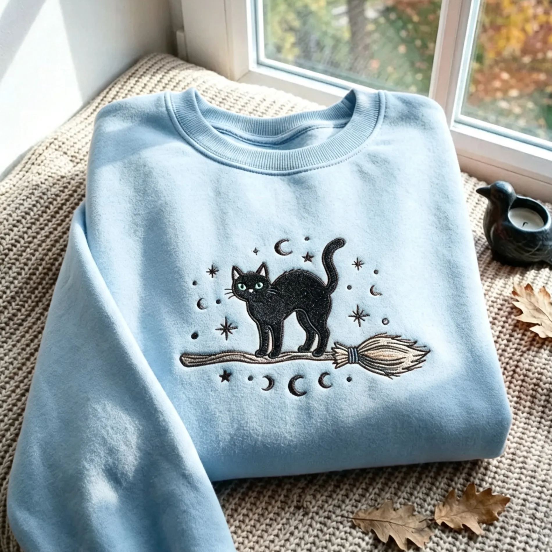 Embroidered Black Cat Broomstick Sweatshirt