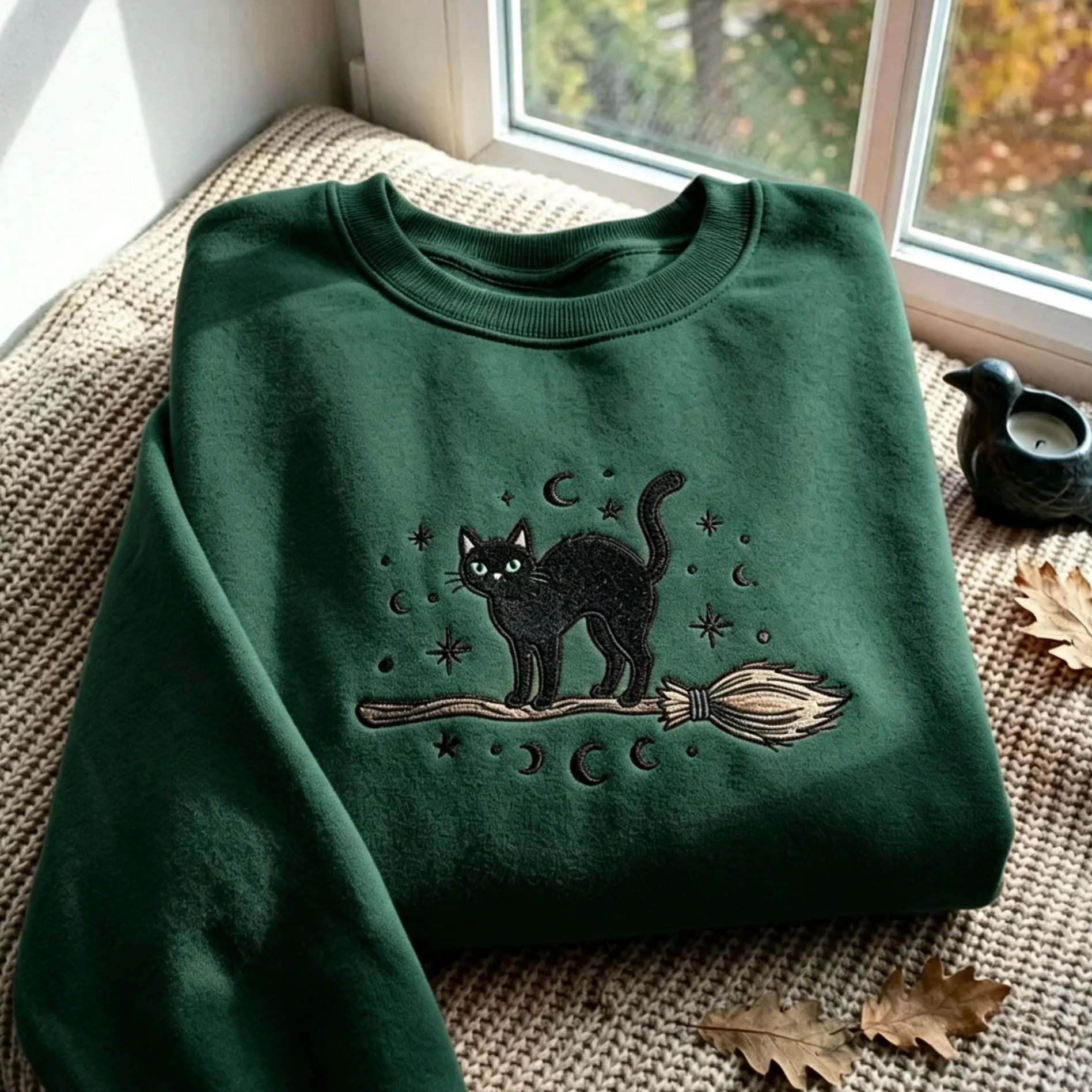 Embroidered Black Cat Broomstick Sweatshirt