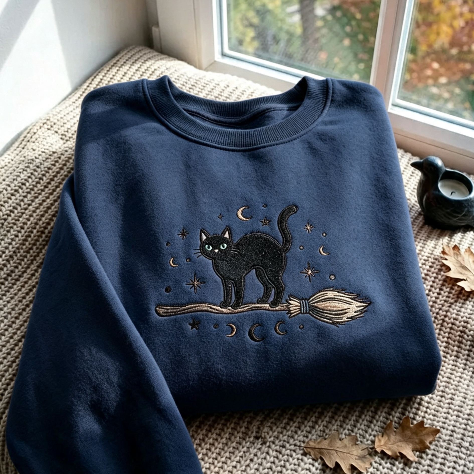 Embroidered Black Cat Broomstick Sweatshirt