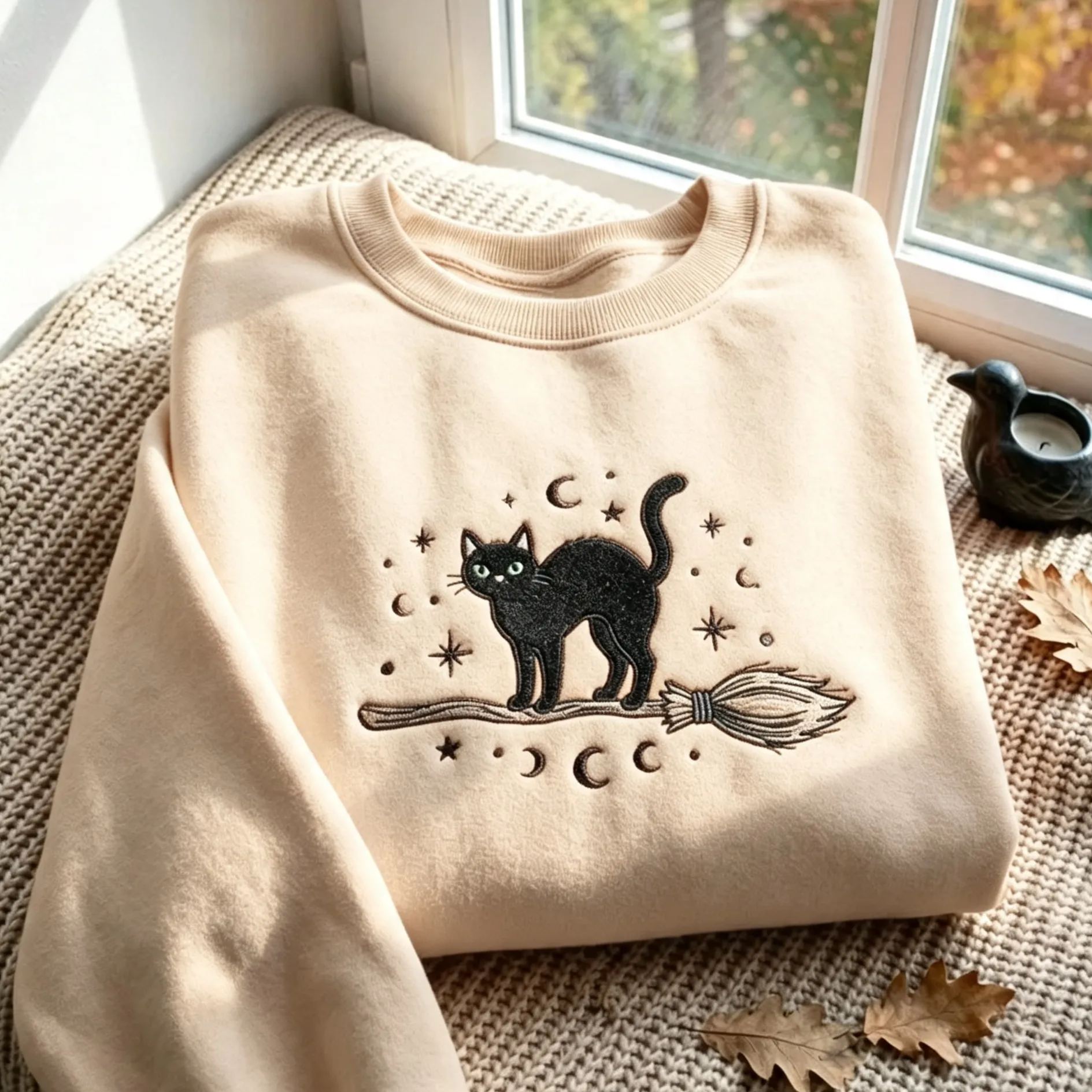 Embroidered Black Cat Broomstick Sweatshirt