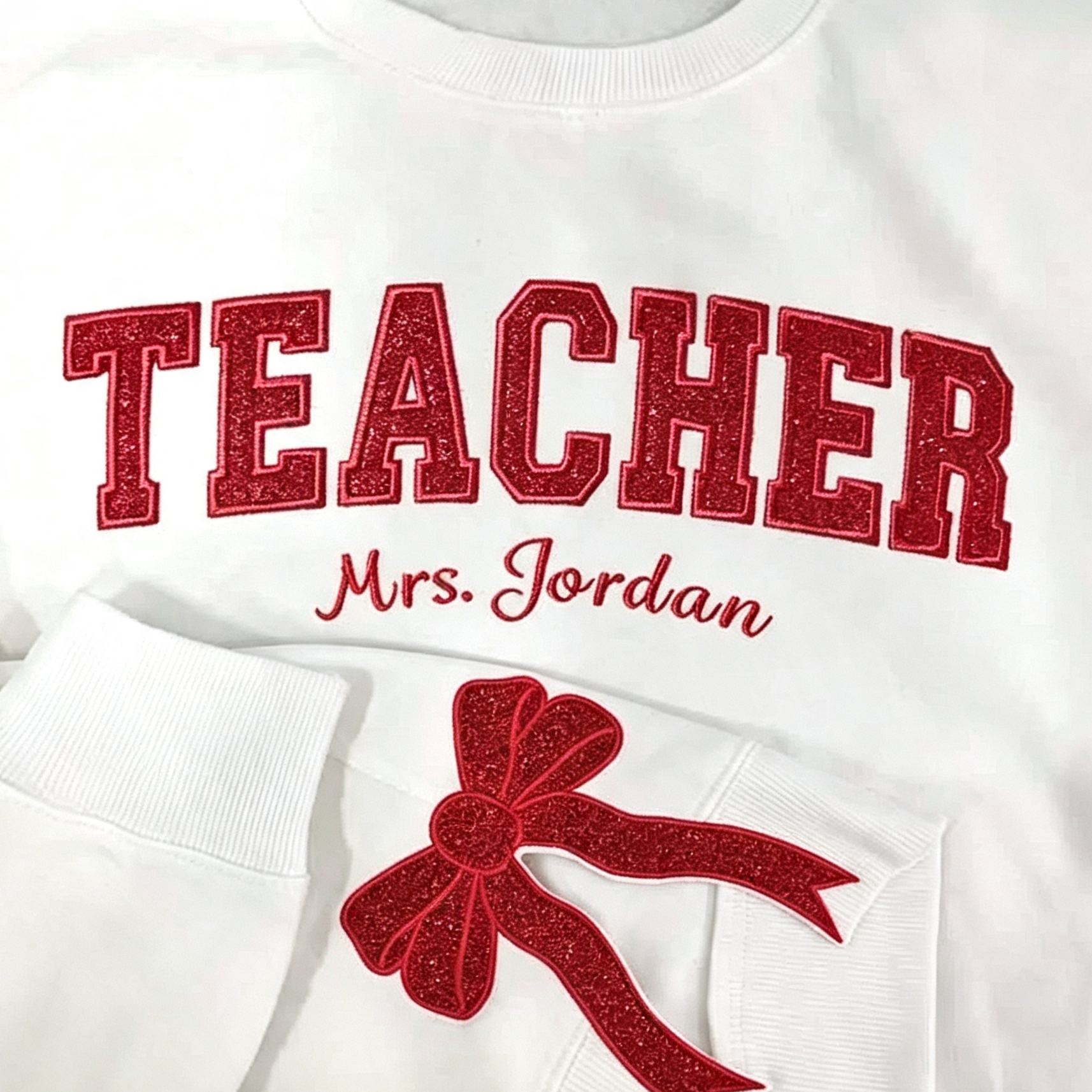 Custom Teacher Glitter Embroidered T‑Shirt, Personalized Name Tee