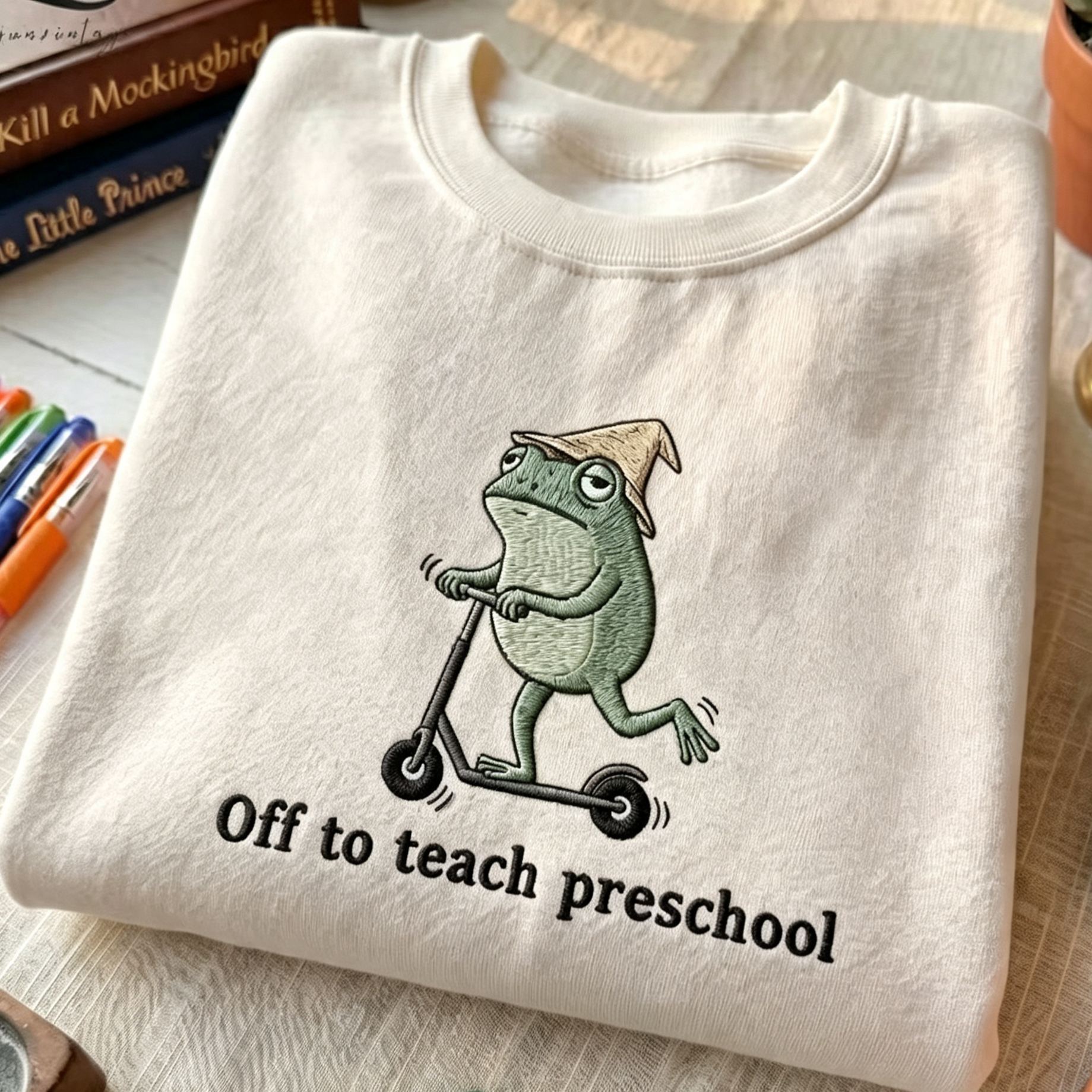 Off To Teach Preschool Frog Embroidered Sweatshirt