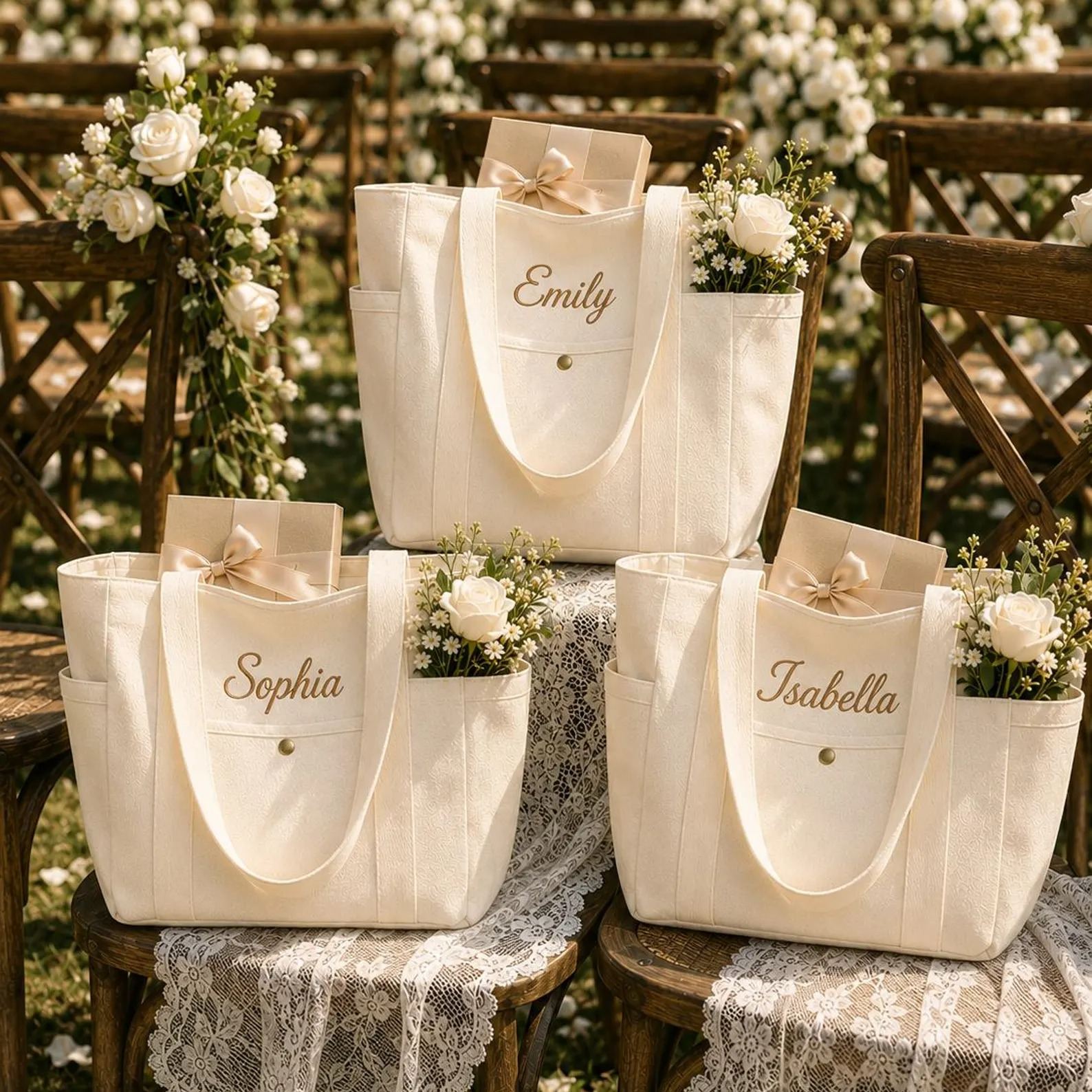 Custom Embroidered Bridesmaid Tote Bag, Personalized Canvas Beach Bag with Initial Ribbon