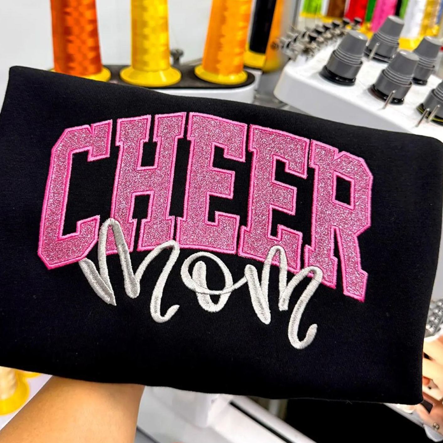 Custom Glitter Embroidered Cheer Mom Sweatshirt