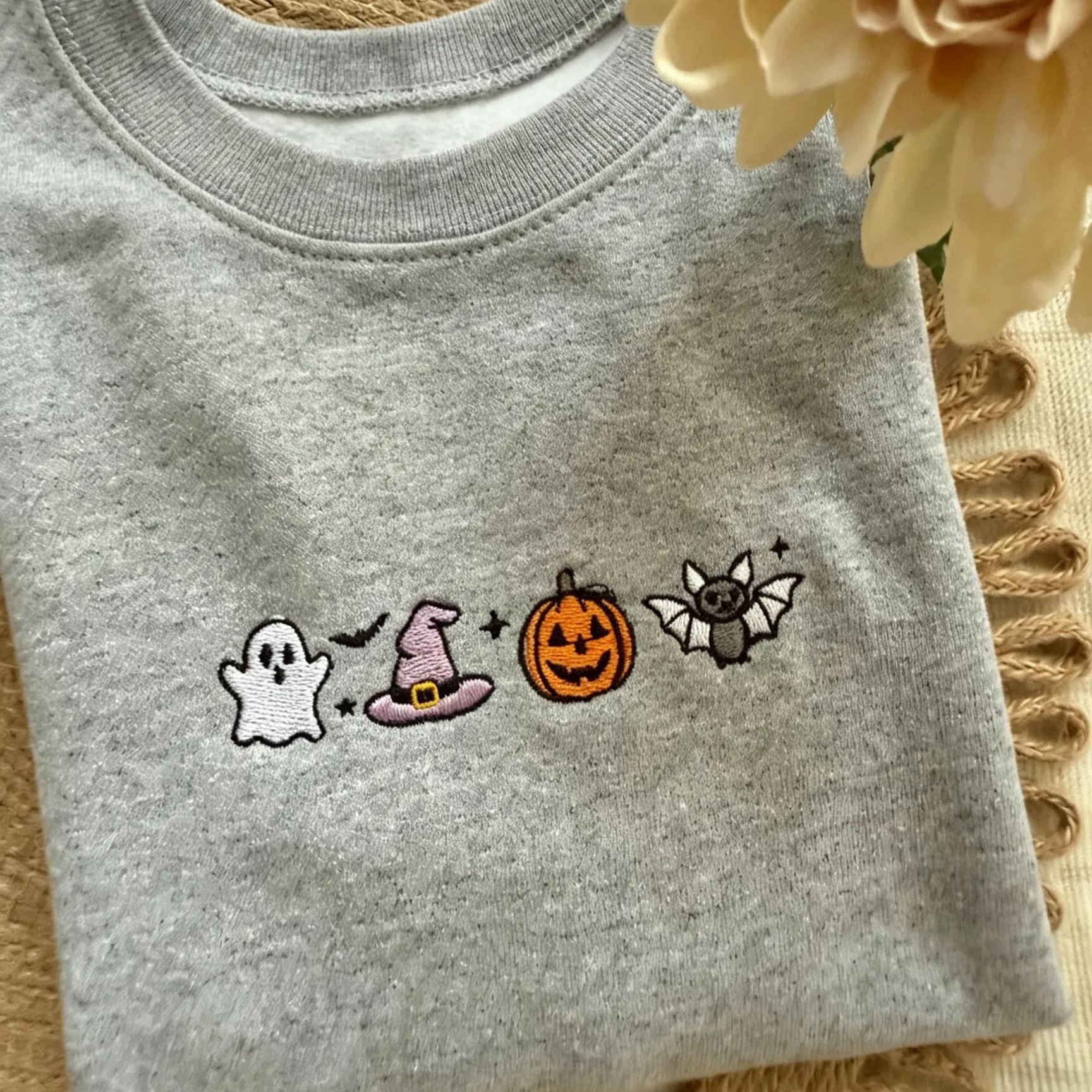 Soft Cotton Halloween Embroidery Crewneck