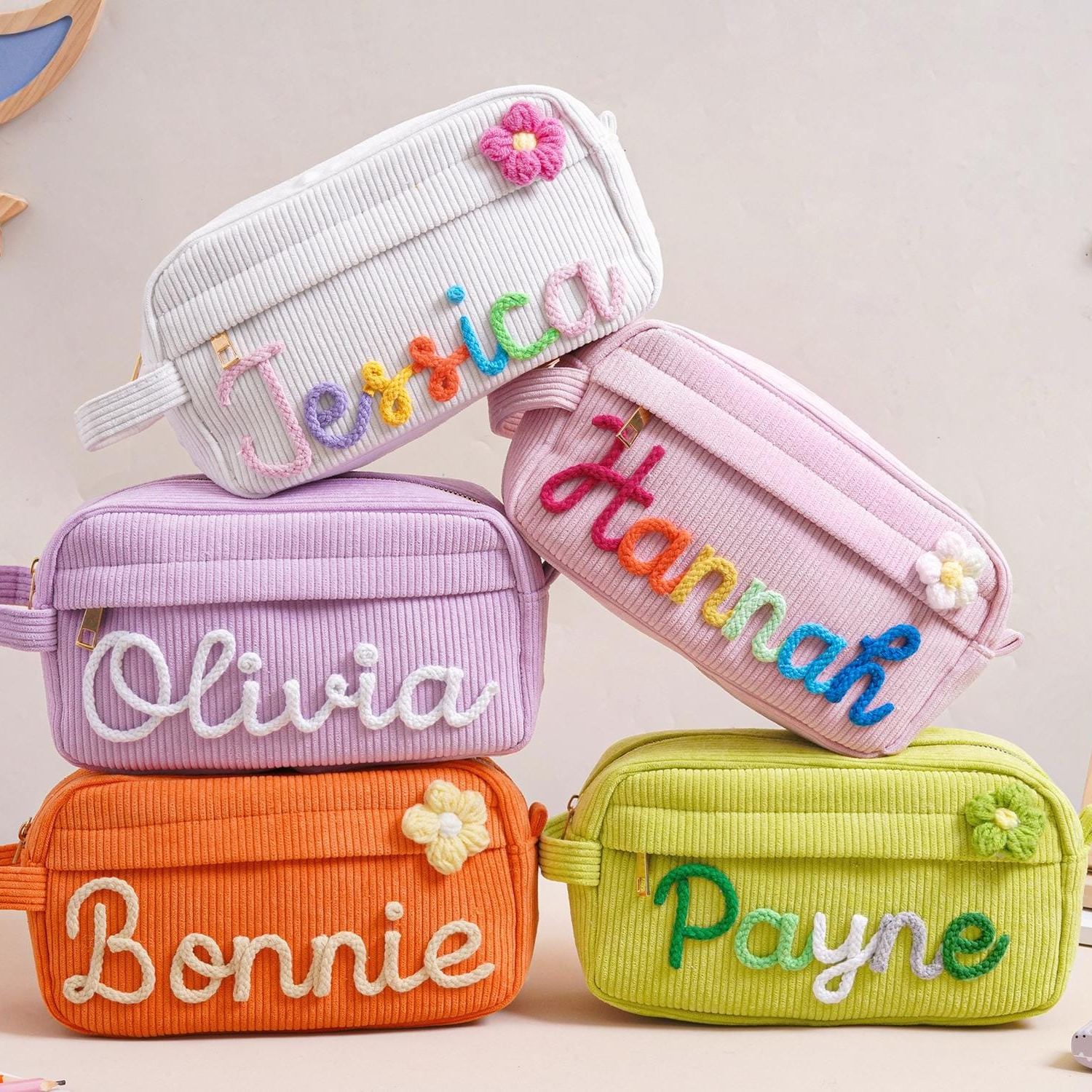 Personalized Corduroy Pencil Case, Custom Name Corduroy Pouch, Back to School Gift, Monogram Pencil Bag with Yarn Name, Gift for Kids