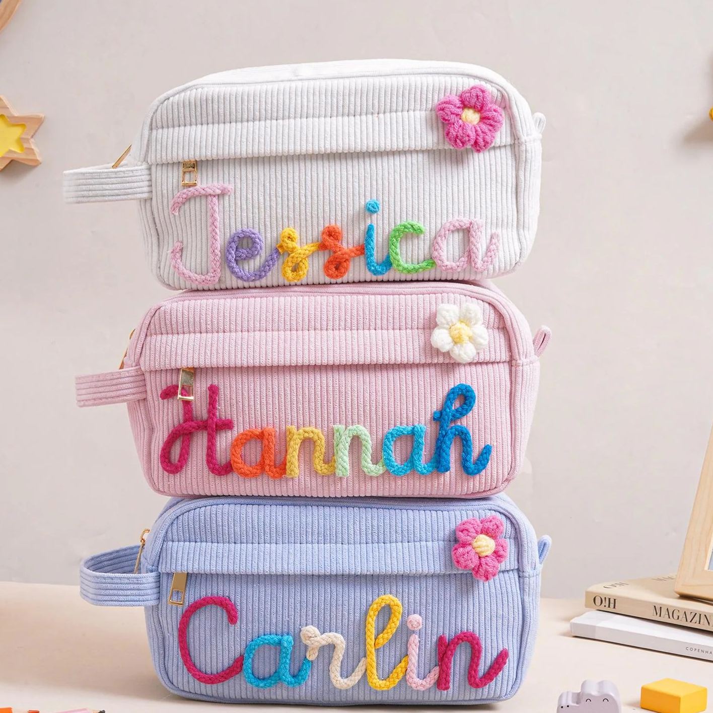Personalized Corduroy Pencil Case, Custom Name Corduroy Pouch, Back to School Gift, Monogram Pencil Bag with Yarn Name, Gift for Kids