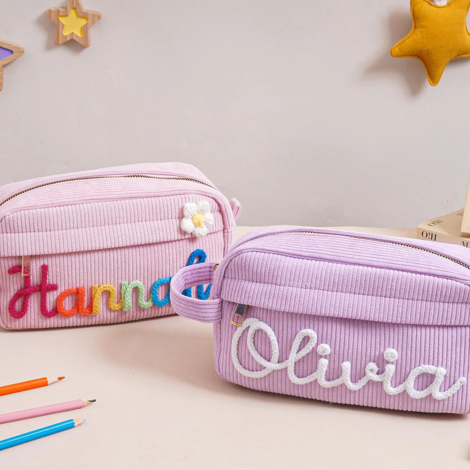 Personalized Corduroy Pencil Case, Custom Name Corduroy Pouch, Back to School Gift, Monogram Pencil Bag with Yarn Name, Gift for Kids