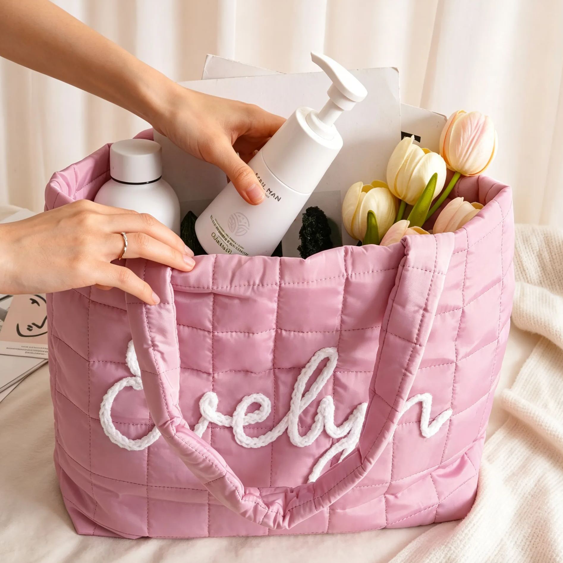 Personalized Nylon Tote Bag, Custom Name Shoulder