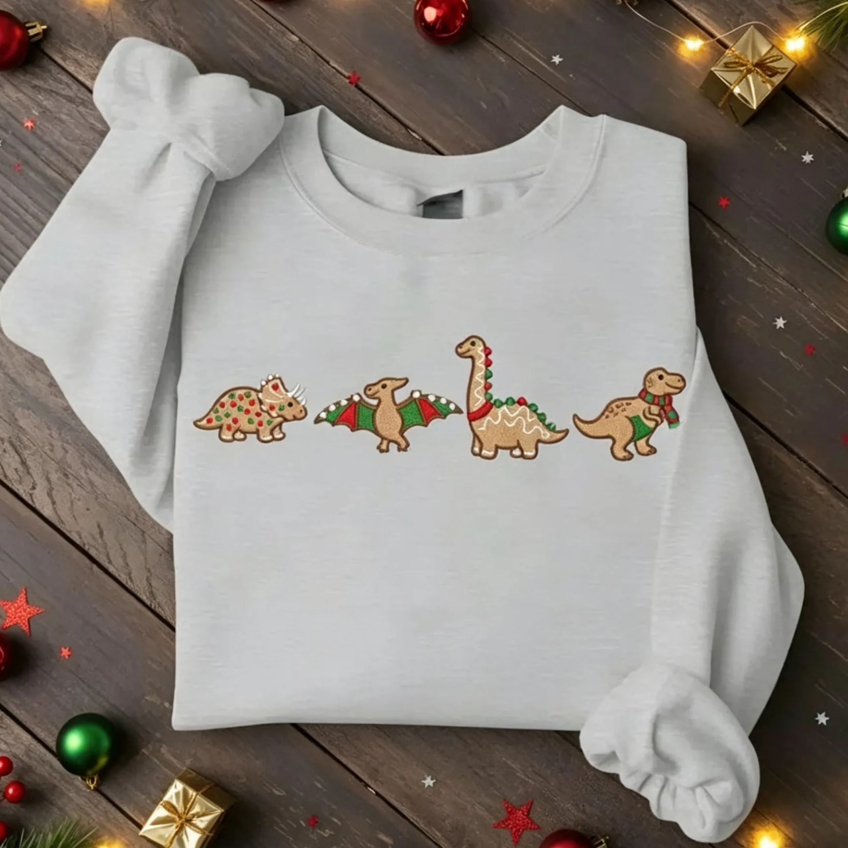 Embroidered Gingerbread Dinosaur Christmas Crewneck