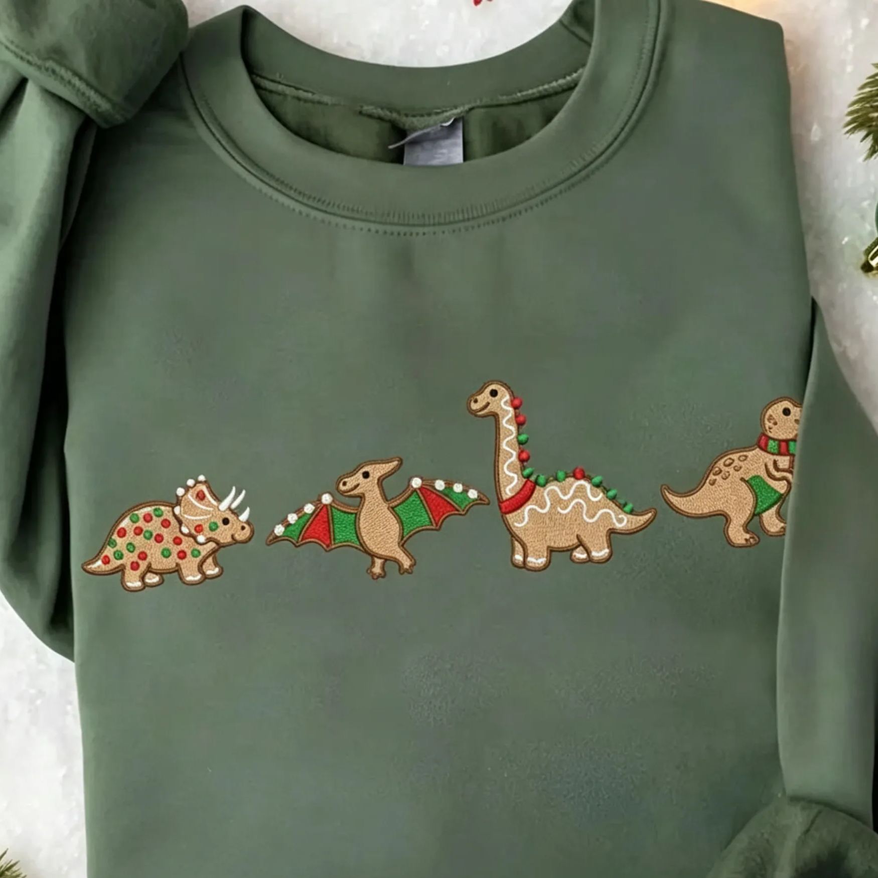 Embroidered Gingerbread Dinosaur Christmas Crewneck