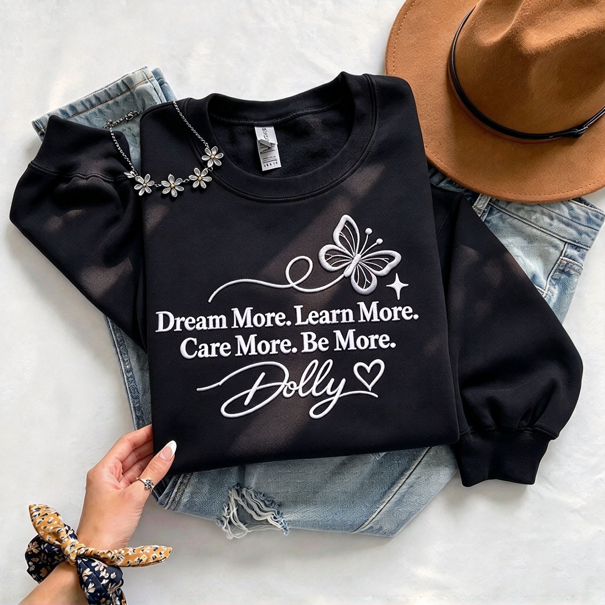 Dolly Inspirational Quote Butterfly Embroidered Sweatshirt