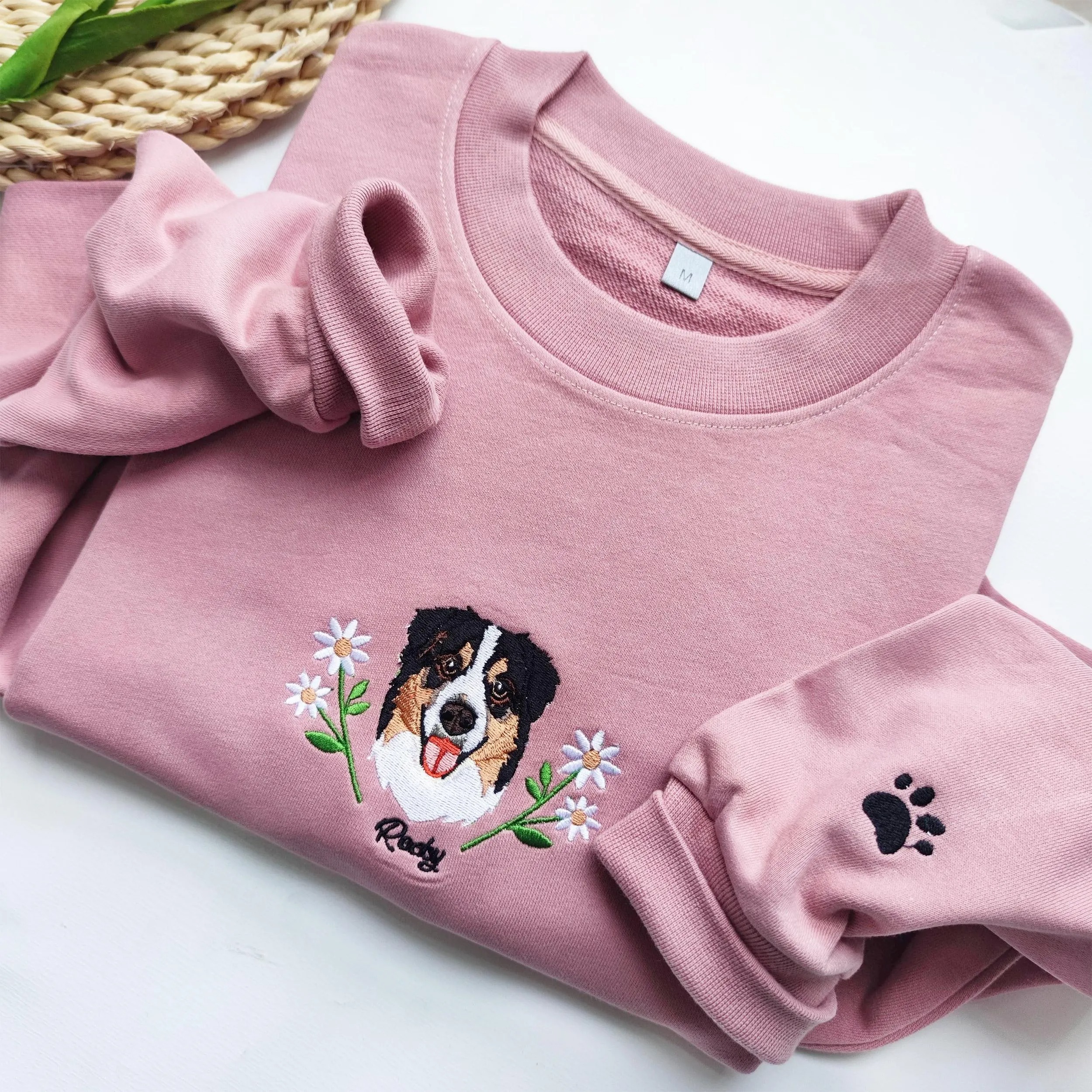 Custom Dog Face Flower Embroidered Sweatshirt
