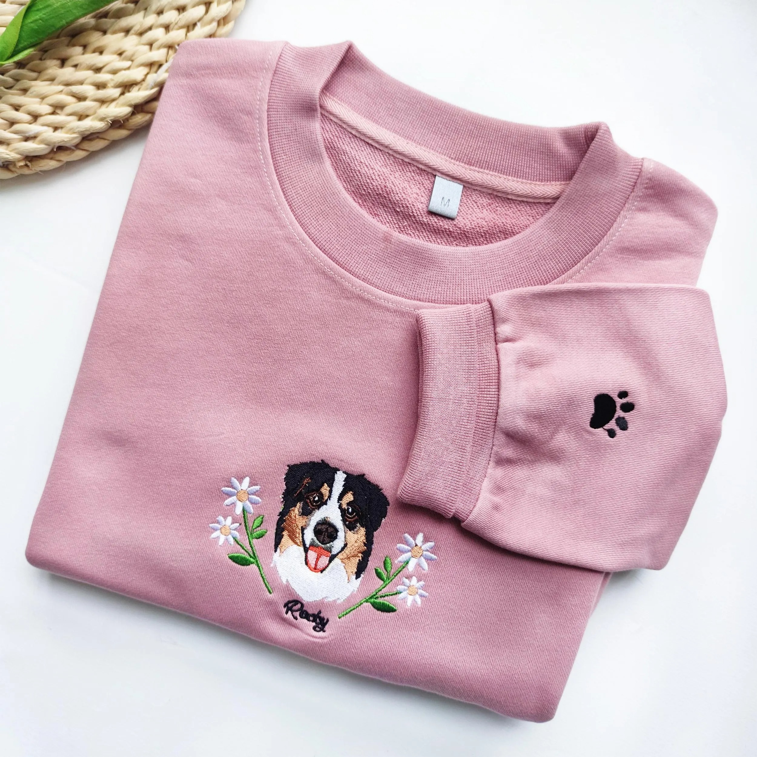 Custom Dog Face Flower Embroidered Sweatshirt