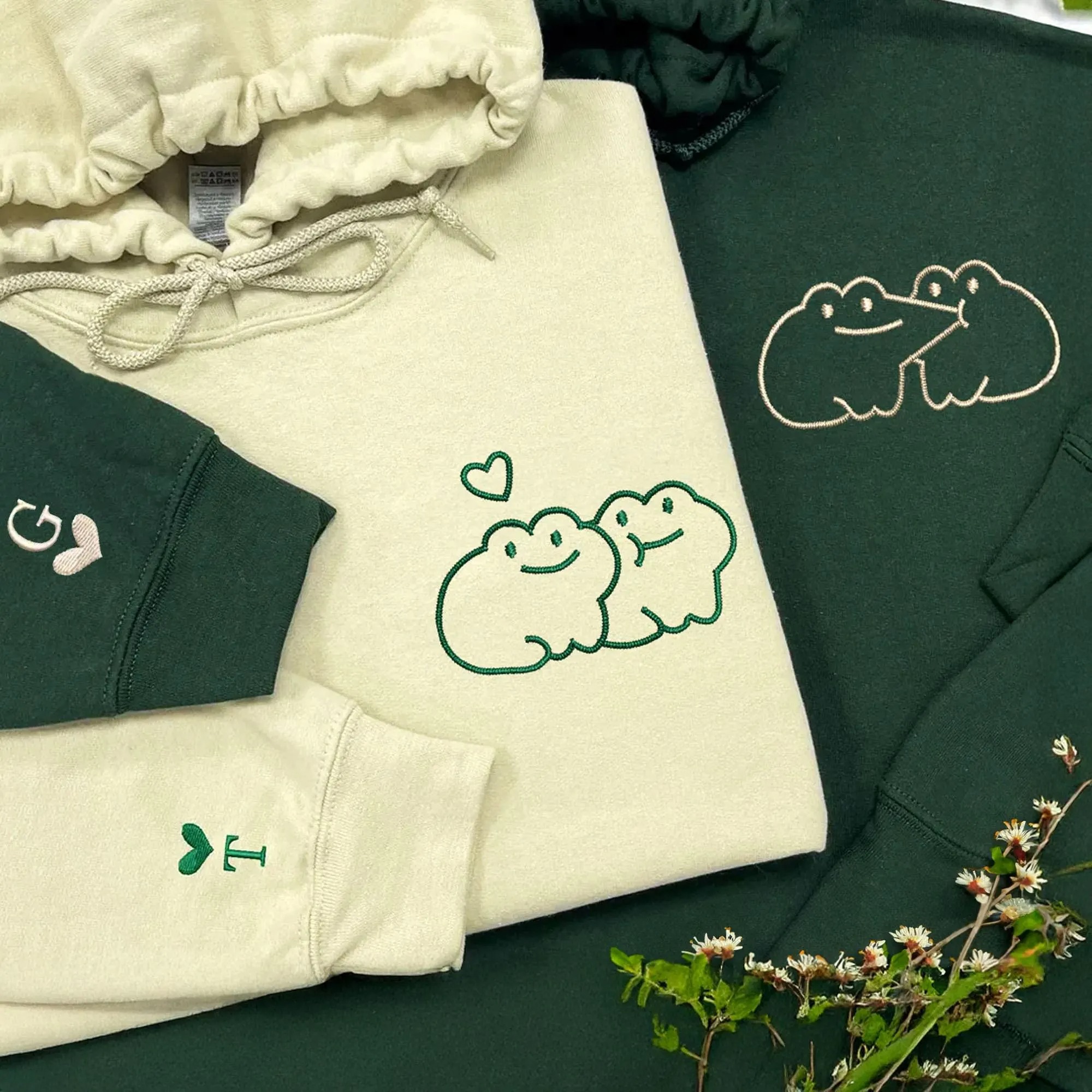 Custom Frog Couple Embroidered Hoodie with Roman Date & Initials-Gift For Custom