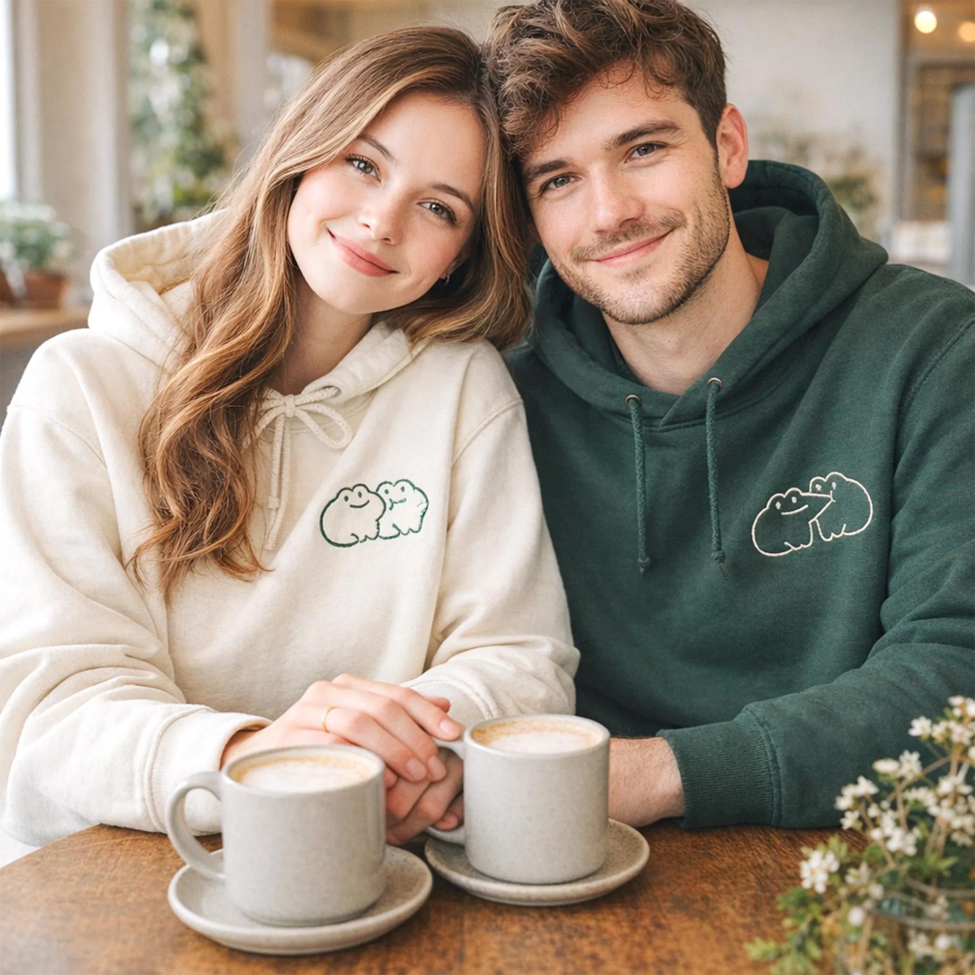 Custom Frog Couple Embroidered Hoodie with Roman Date & Initials-Gift For Custom