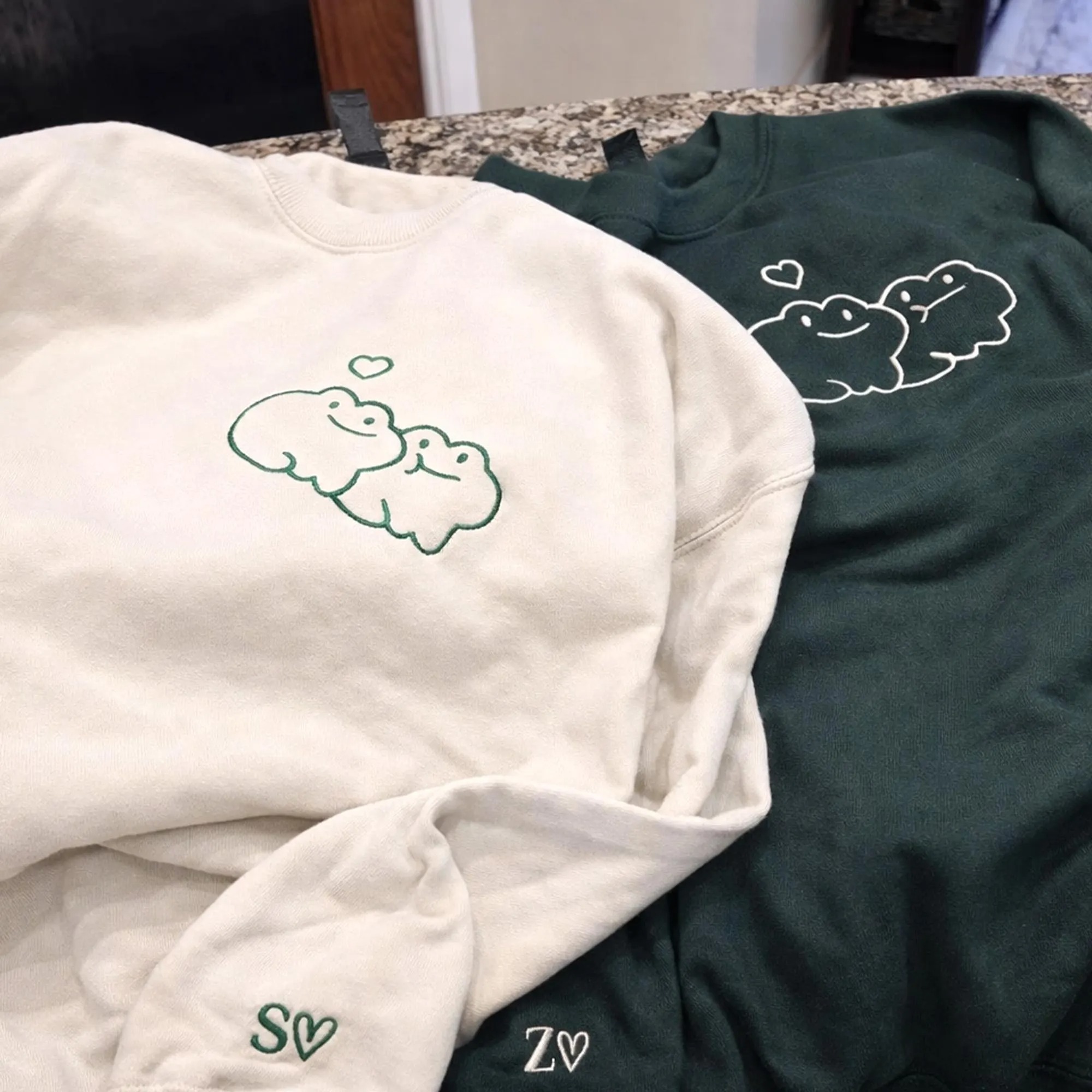 Custom Frog Couple Embroidered Hoodie with Roman Date & Initials-Gift For Custom