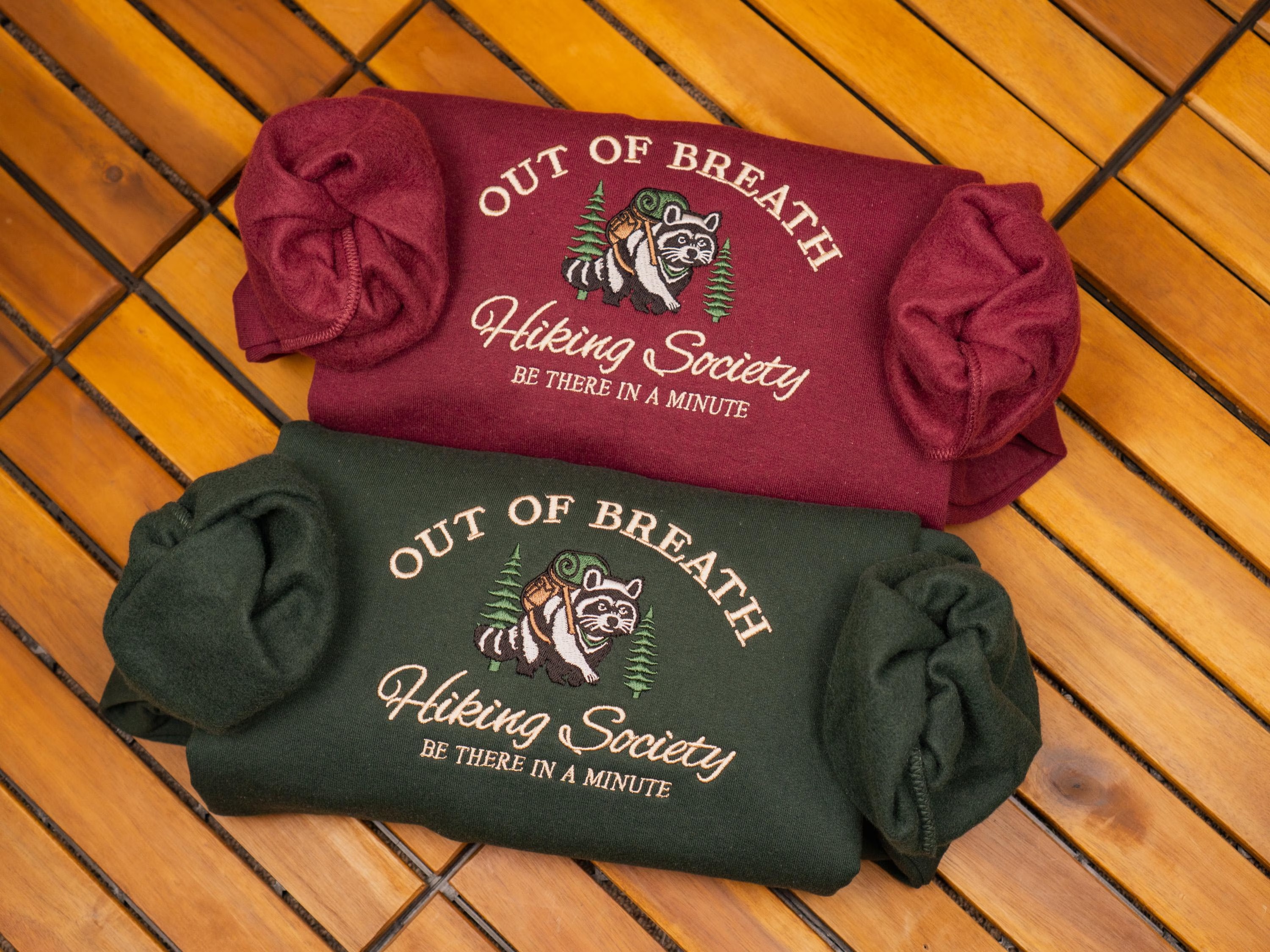 Embroidered Hiking Sweatshirt: Funny Raccoon Crewneck, Nature Lover Gift