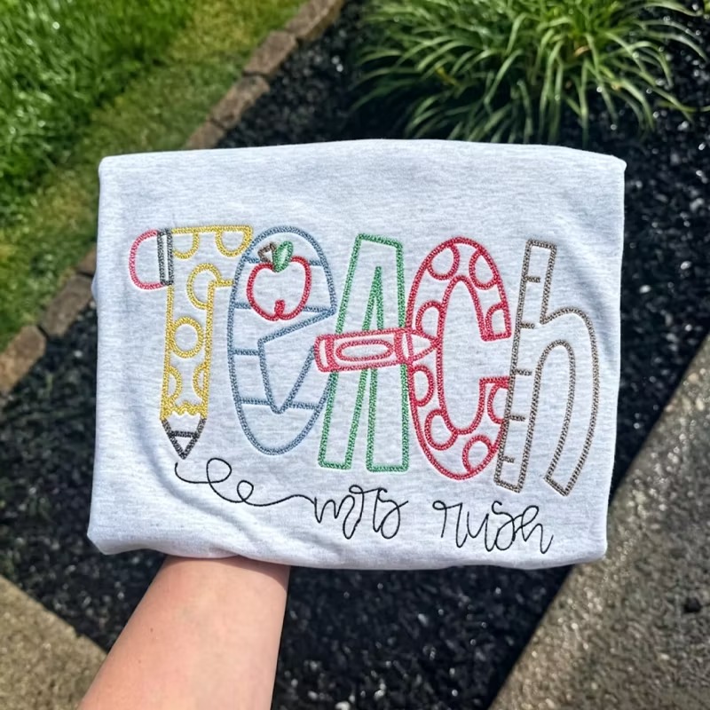 Personalized Teacher Embroidered T‑Shirt, Custom Name Teach Tee