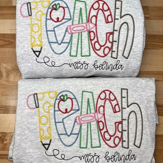 Personalized Teacher Embroidered T‑Shirt, Custom Name Teach Tee