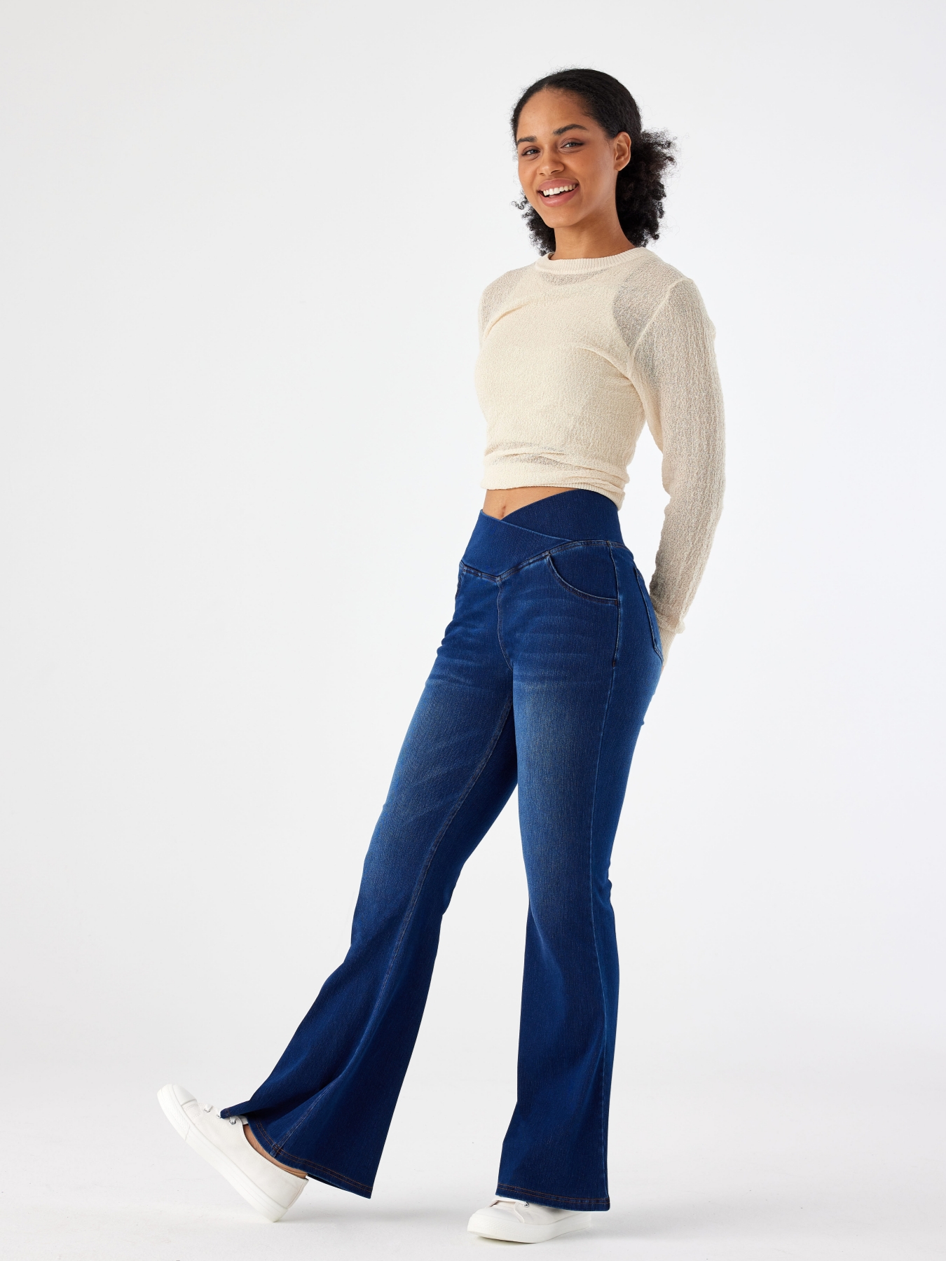 Women Cross V Crossover High Waist Flared Bootcut Jeans With Side Pockets Casual Long Pants
