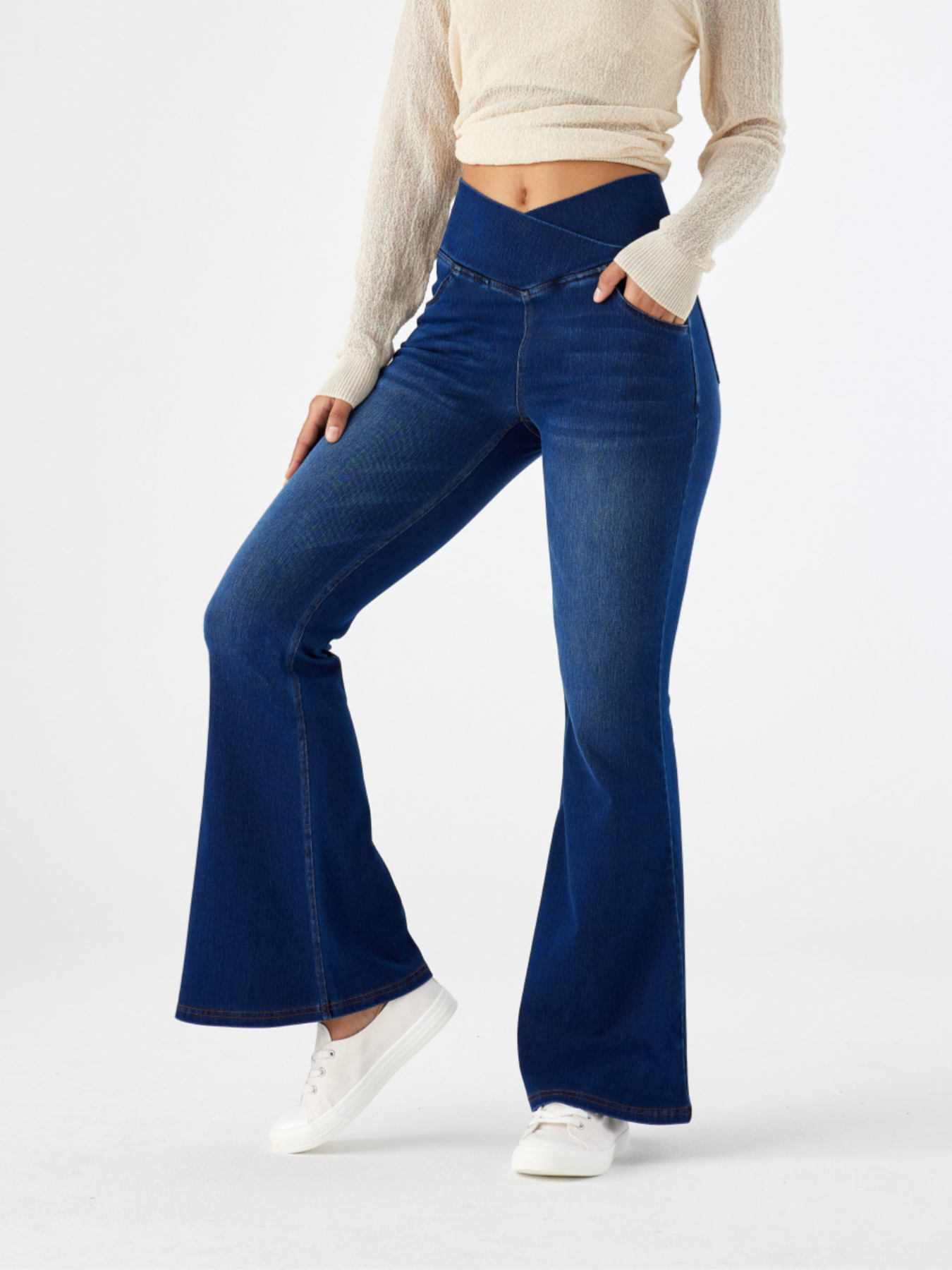 Women Cross V Crossover High Waist Flared Bootcut Jeans With Side Pockets Casual Long Pants