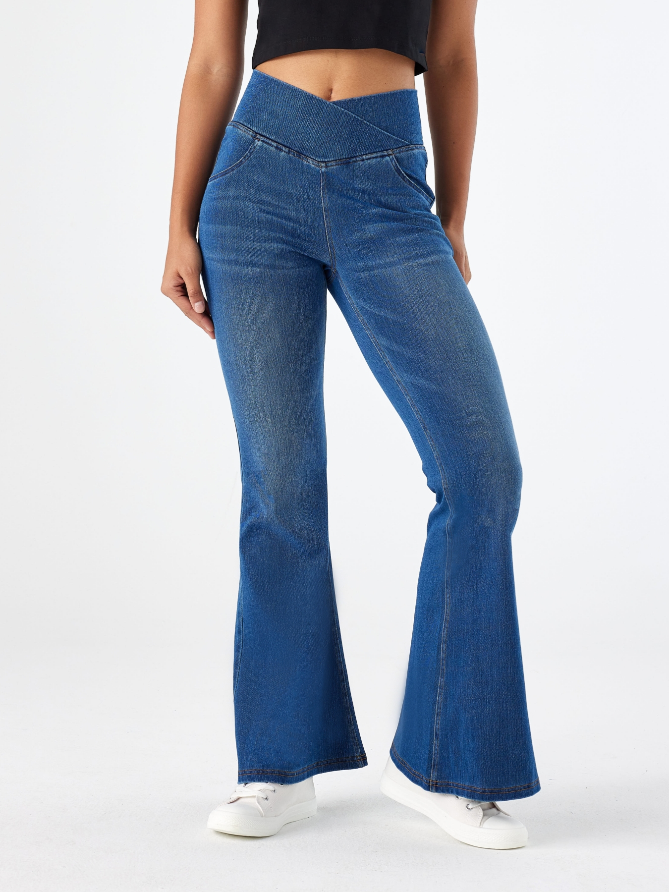 Women Cross V Crossover High Waist Flared Bootcut Jeans With Side Pockets Casual Long Pants